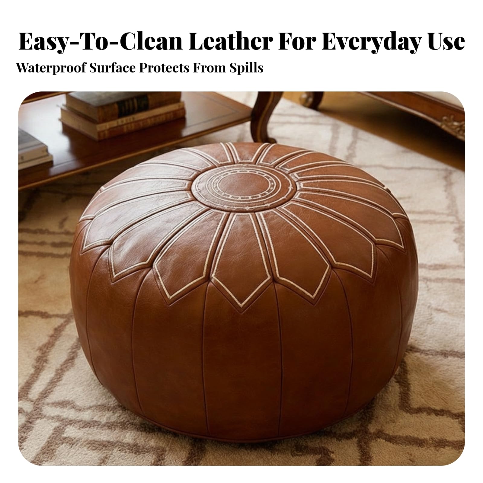 predolo Pouf Imbottito Rotondo Cuciture a Pannelli Pouf Decorato Ricamo Floreale, Marrone Scuro
