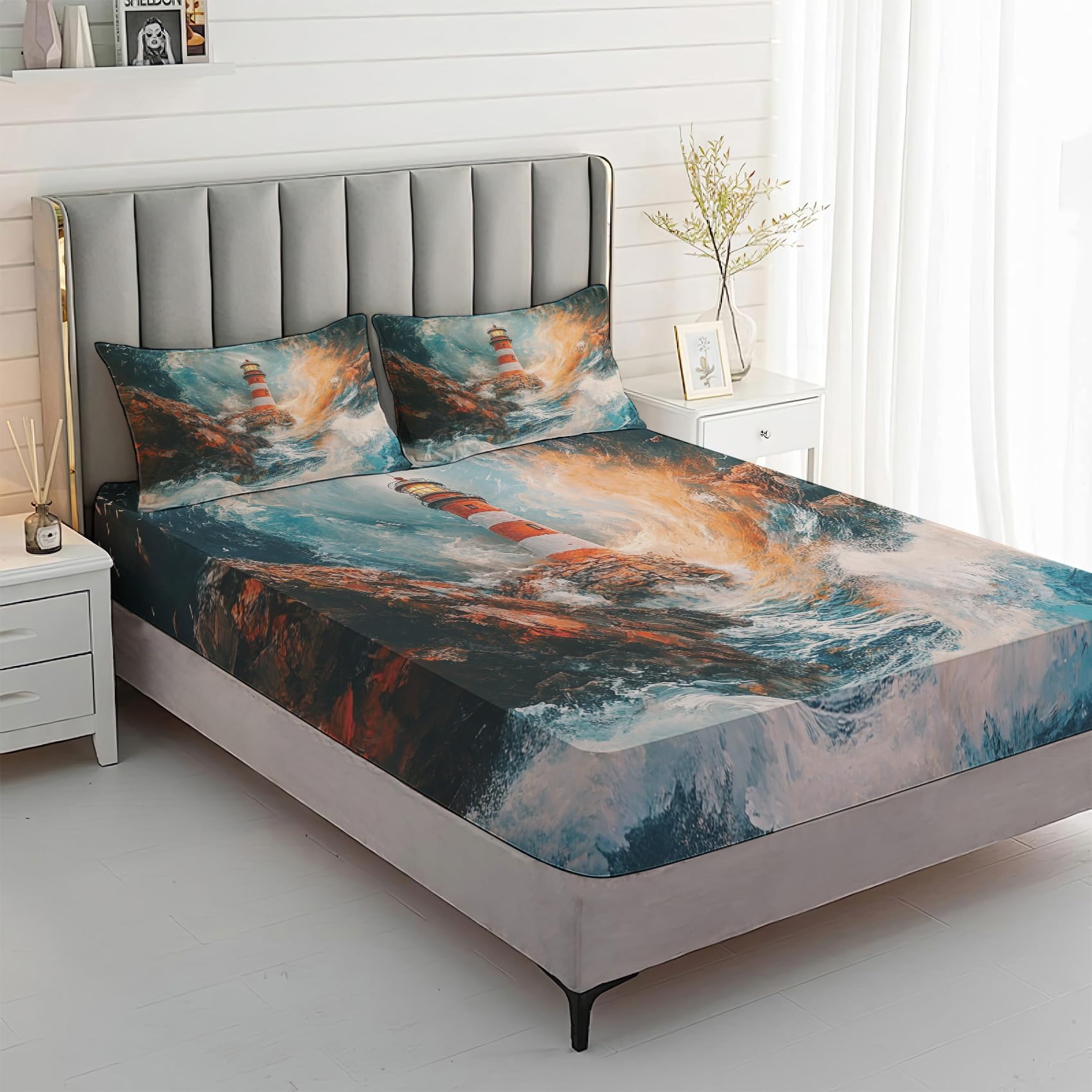 Zvynqour Nautical Bed Sheets Twin Size - Lighthouse Sheet Set - Deep Pocket Fitted Sheets & Flat Sheet & Pillowcases 3 Piece - Seascape Bedding & Decor - Soft Brushed Microfibe