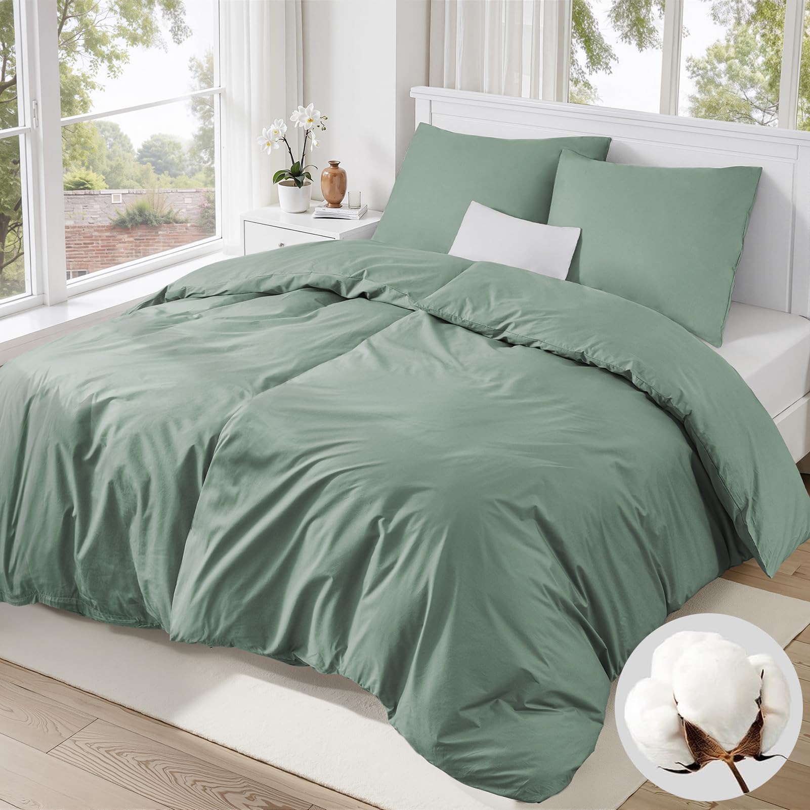 Duvetnova Bettwäsche 135x200 Grün Baumwolle 4teilig,Bettwäsche Salbeigrün 2 Bettbezüge 135 x 200 + 2 Kissenbezüge 80x80 cm, ÖKO-TEX Bettwäsche-Sets Aesthetic 100% Baumwolle mit Reißverschluss