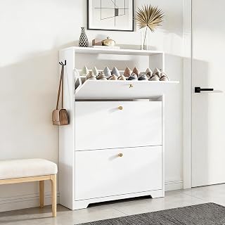 Nicetree Shoe Cabinet with 3 Flip Drawers, Modern Entryway Organizer, White