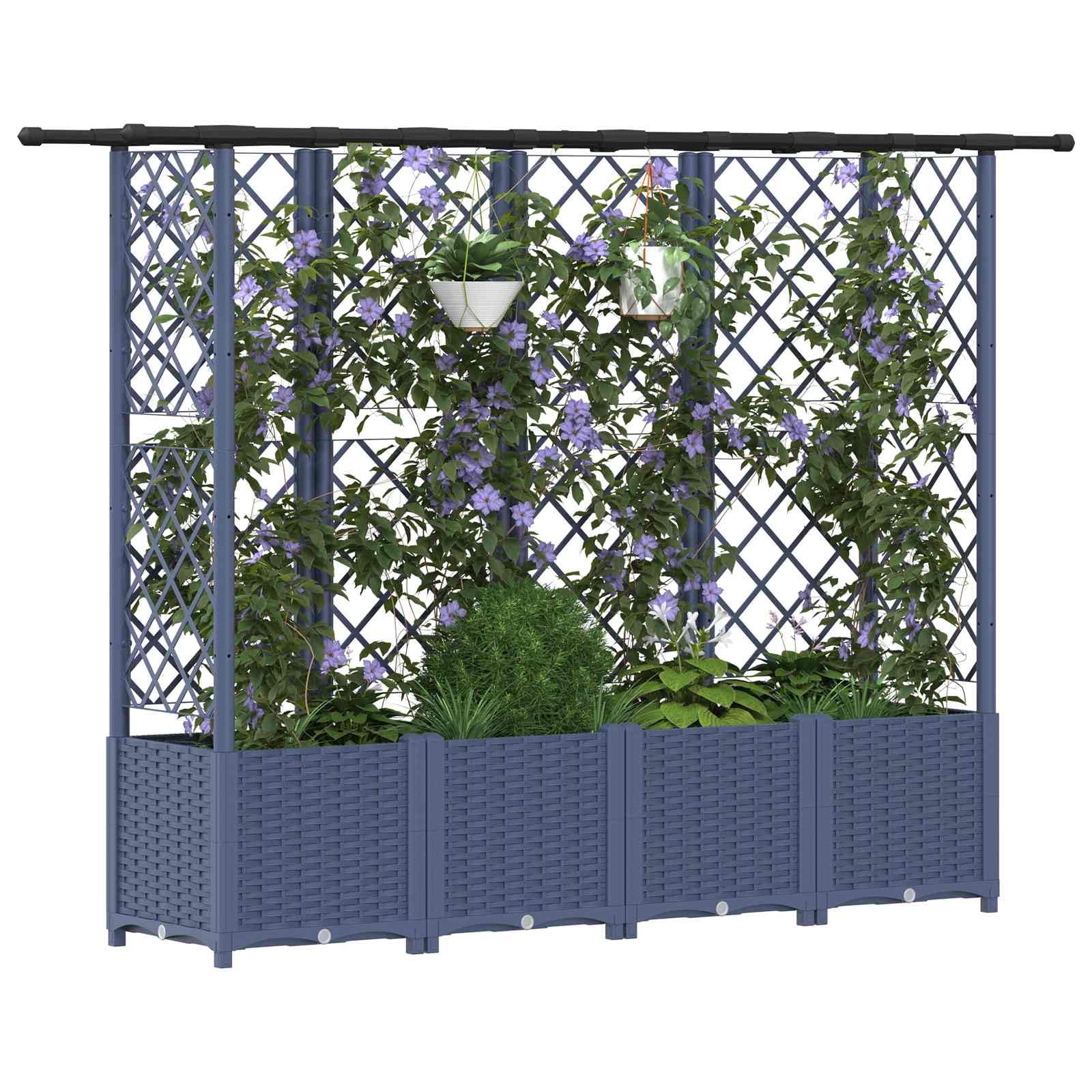 Szara podwyższona grządka z kratką dla roślin pnących i dachem z polipropylenu, donica na rośliny na balkon i taras, 202 x 40 x 136 cm, odporna na warunki atmosferyczne, ze zbiornikiem