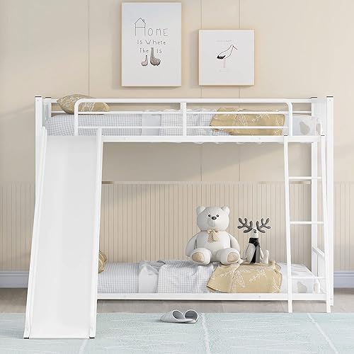 Miniatura 1 de Harper & Bright Designs Literas de metal de tamaño individual sobre individual con tobogán para niños, literas individuales resistentes con escalera