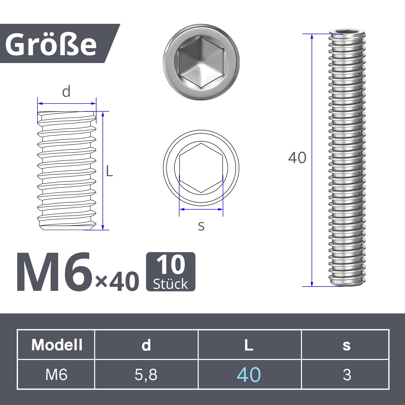 ORTAVA 10 viti senza testa, viti filettate M6 x 40 mm, DIN 913/ISO 4026 con esagono incassato (ISK) e tappo conico, vite senza testa in acciaio inox (argento)