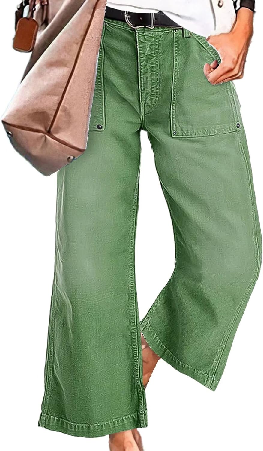 Flamingals Straight Wide Leg Jeans for Women Mid Waisted Casual Raw Hem Denim Capris Pants with Pockets