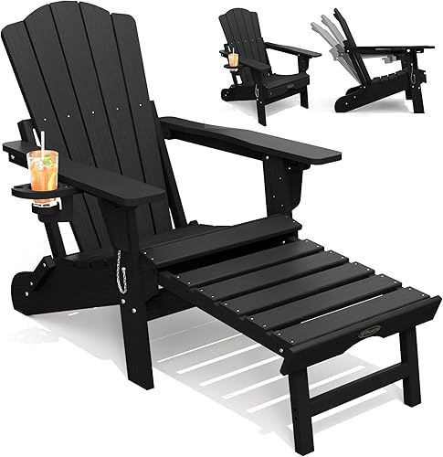 THOEOE Sillas Adirondack ajustables con otomana retráctil, silla Adirondack plegable HDEP con reposapiés y soporte para tazas, silla para hoguera