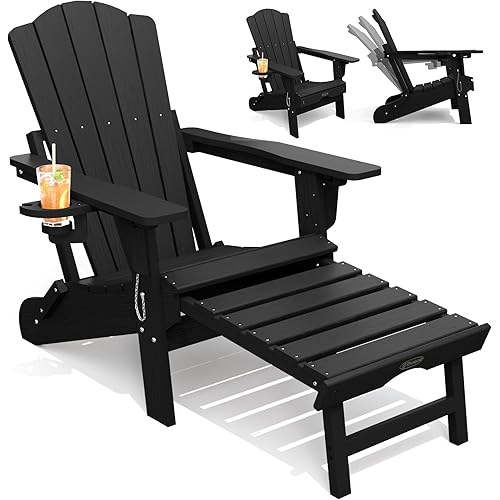 THOEOE Adjustable Adirondack Chairs with Retractable Ottoman, HDEP Folding Adirondack Chair with Footrest & Cup Holder, All Weather Fire Pit Chair for Outdoor,Black