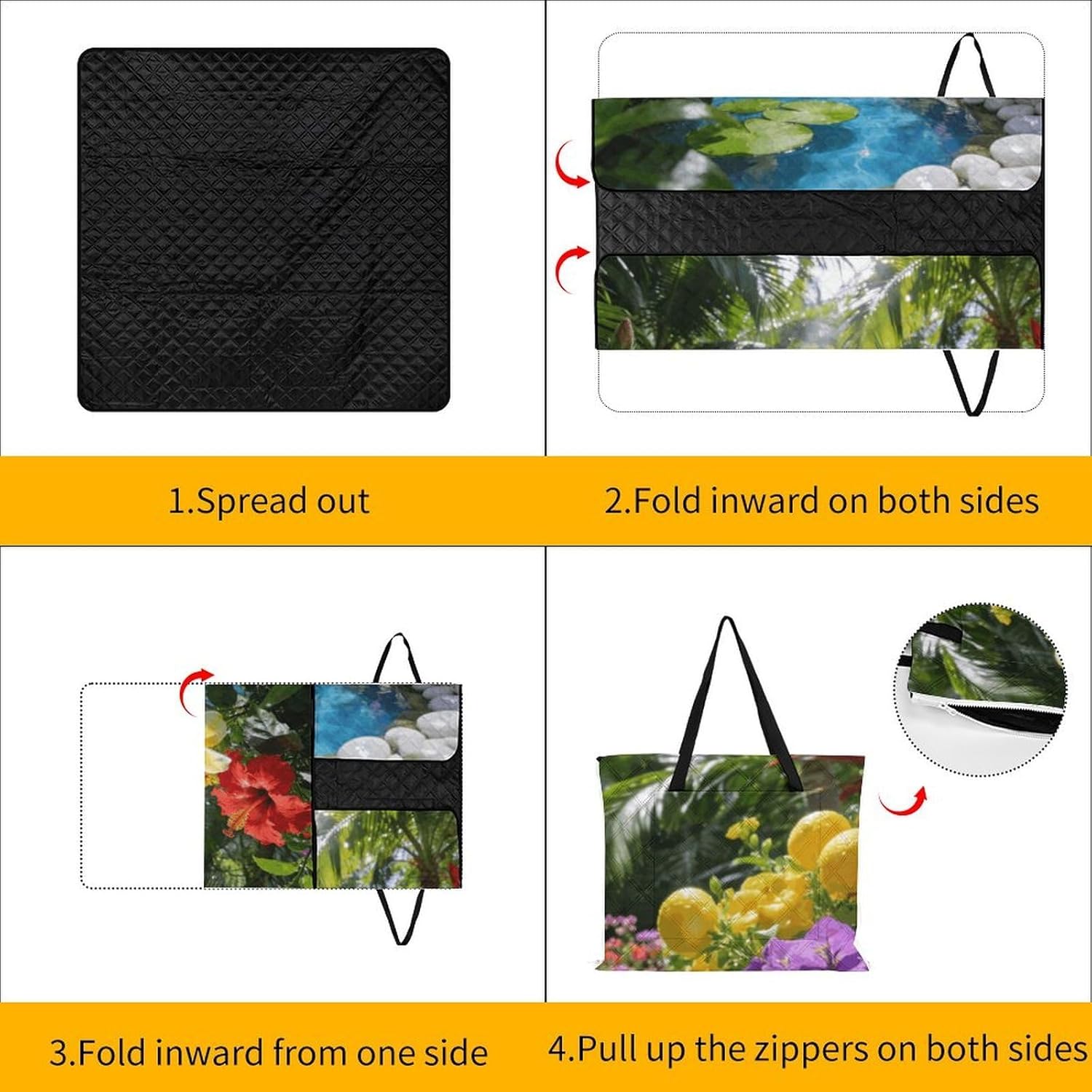Tropical Garden Picnic Blanket with Zipper Water Resistant Sand Free Picnic Mat Washable Foldable Easy Carry Beach Blanket for Lawn Beach Hiking Camping