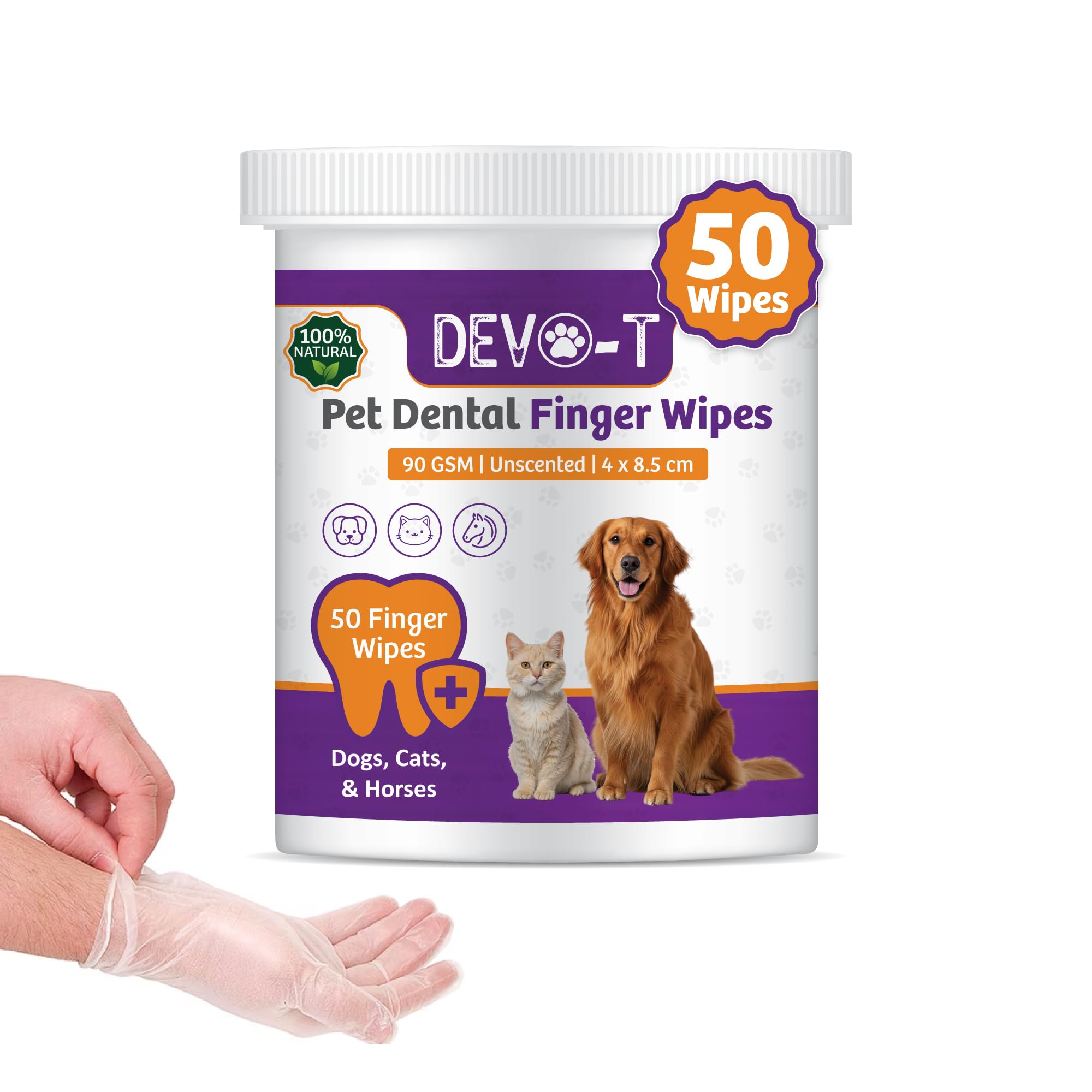 DEVO-T 100% Natural Dog Teeth Cleaning Wipes Unscented | 50 Count | Pet Teeth Cleaning Finger Wipes for Dogs, Cats & Horses | Remove Bad Breath, Plaque & Tartar Buildup | Dog Dental Wipes Finger