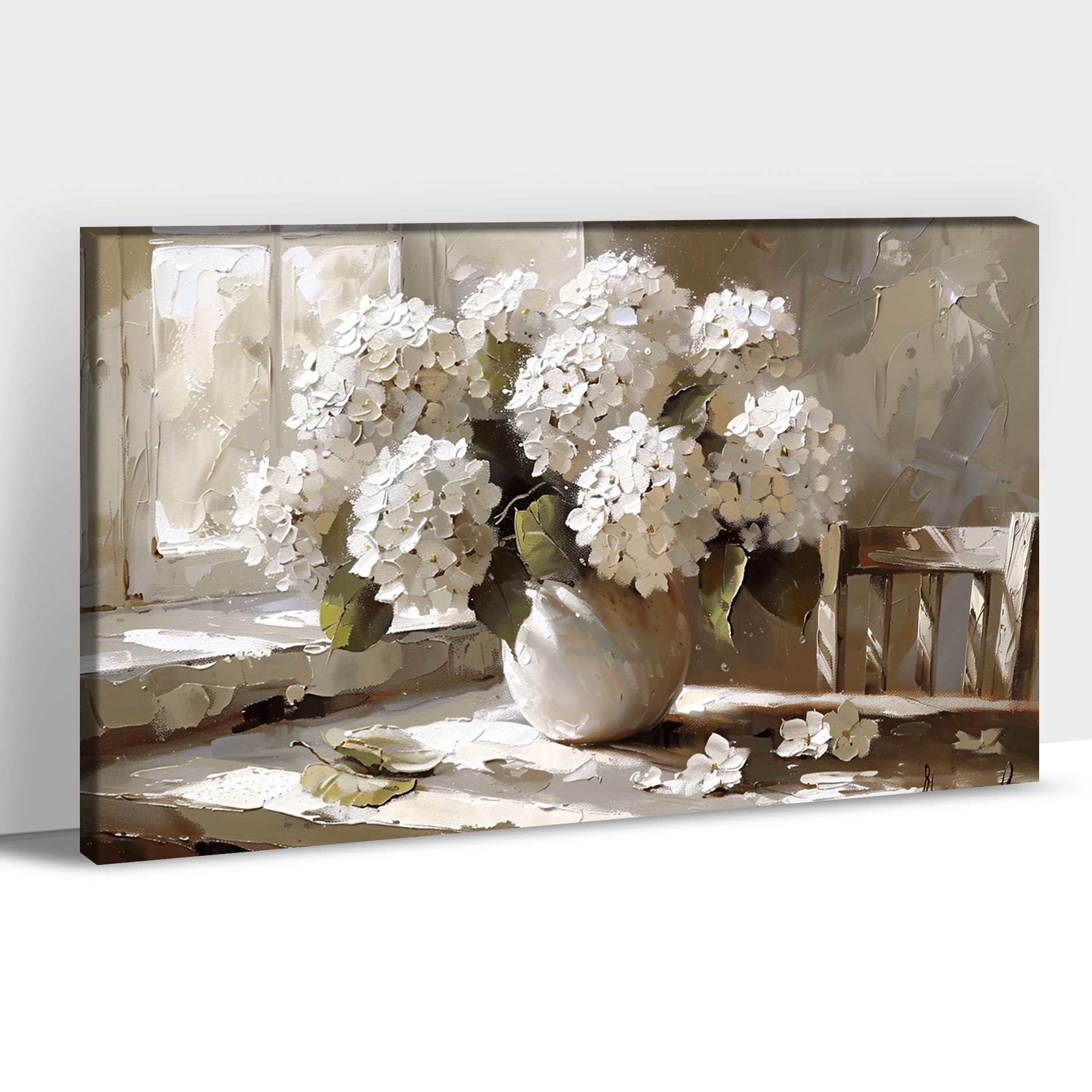 ANRUOXI - Rustic White Hydrangea Flower Canvas Wall Art, French Countryside Floral Bathroom Wall Art Decor, Vintage Hydrangea Flower Window Sill Life