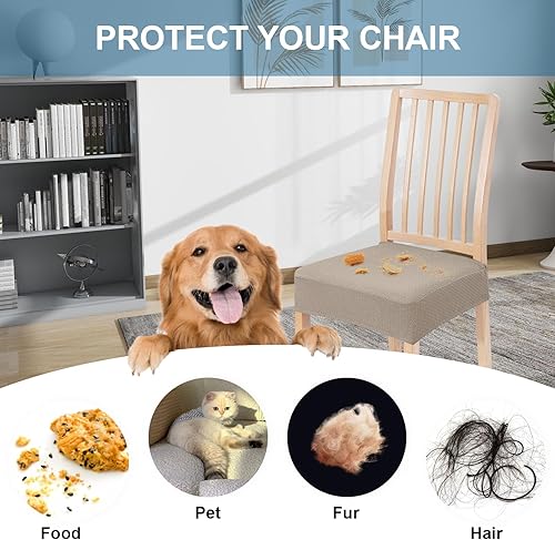 Miniatura 4 de Smiry Juego de 4 fundas de asiento elásticas de jacquard para sillas de comedor, extraíbles y lavables, sin fundas traseras, color gris pardo