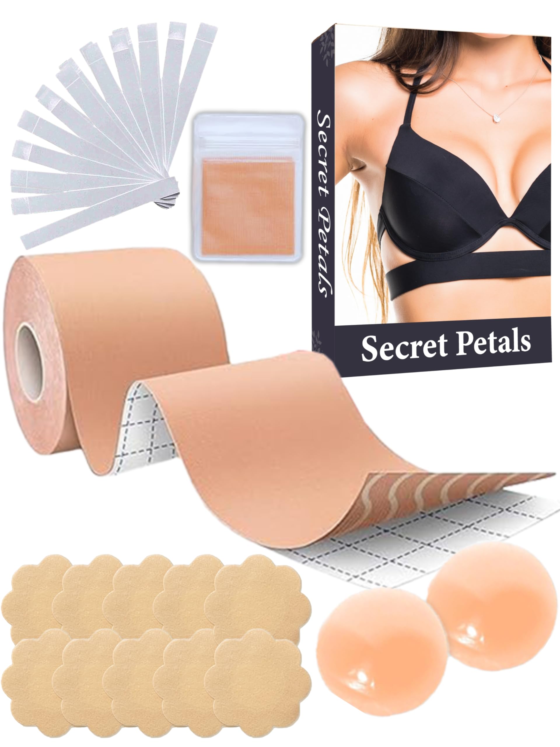 Boob Tape: Multipurpose Body Tape for Women - Double Sided Tape - Includes 10 Nipple Pasties & 2 Reusable Silicon Covers - 36 Fashion Tapes for Push Up, Lifting & Breast Lift Bra Support
