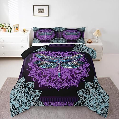 Erosebridal Chic Dragonfly Comforter Set Queen Bohemian Mandala Bedding Set for Teens Adults Boho Hippie Bedding Comforter Sets Abstract Flower Duvet Insert Trippy Paisley Quilted Duvet, Black Purple