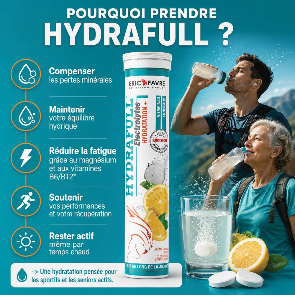 HYDRAFULL ELECTROLYTES - Hydratation et Reminéralisation Équilibrées, Sans Sucre, avec Vitamines et Minéraux Essentiels - 12 x 20 Comprimés - Saveur Citron - Eric Favre