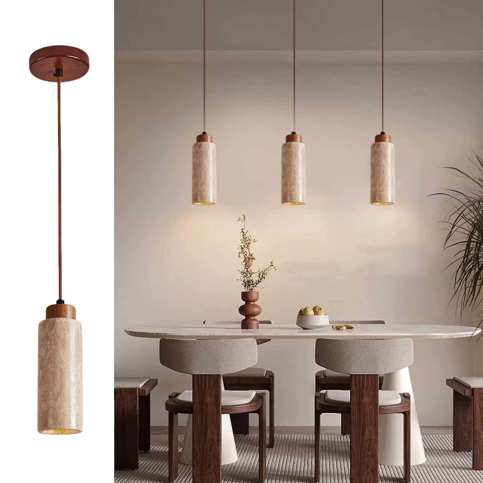IOEDHW Lampada Sospensione in Marmo Giallo Mini Lampada Cilindro in Pietra Naturale Stile Wabi-Sabi Ideale per Isola Cucina Sala Pranzo Camera da Letto e Bar Luce Calda Compatibile con Attacco