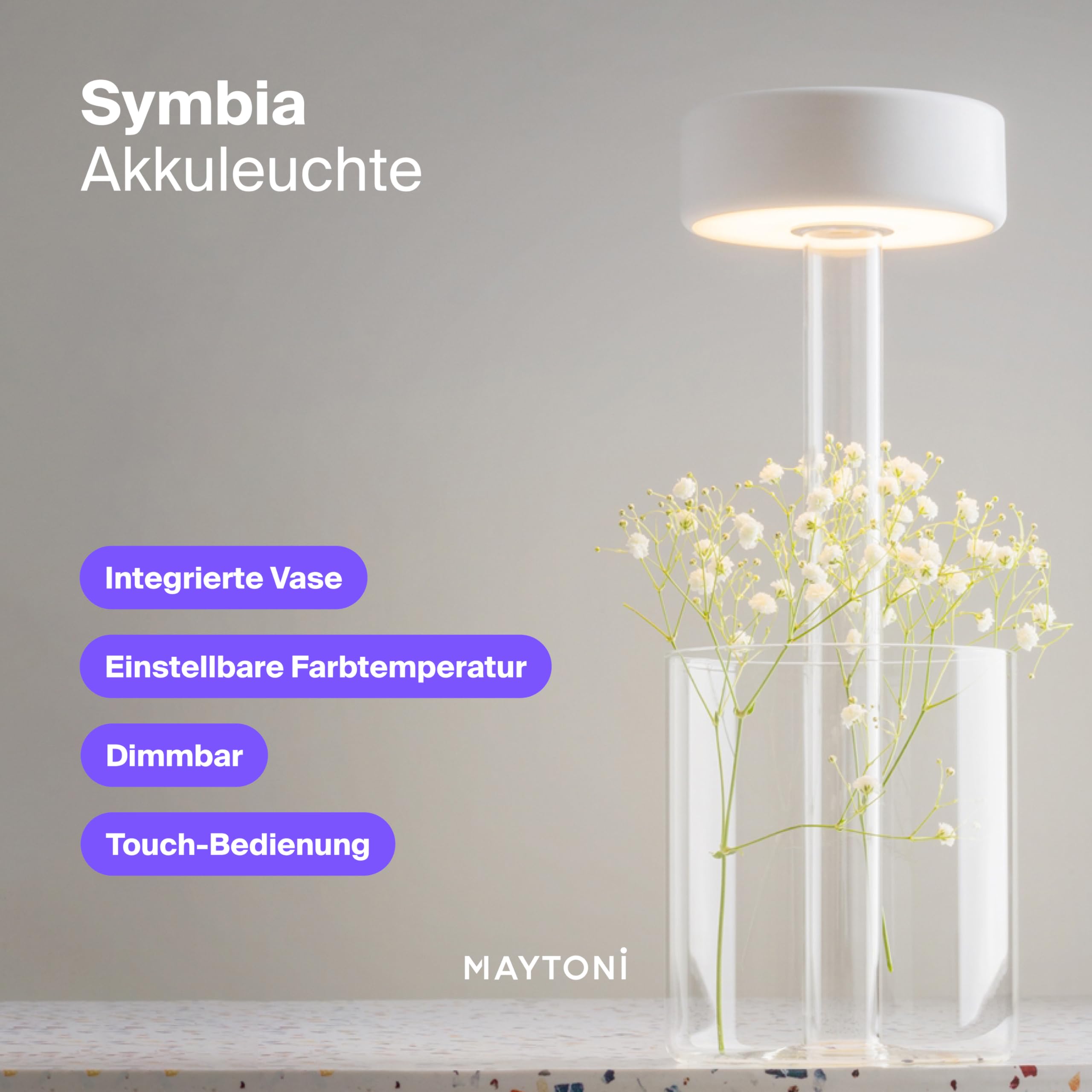 Maytoni Akku-Tischleuchte Symbia Glas Weiß, LED 3W dimmbar, 3 Farbtemperaturen 2200K 3000K 4000K, kabellos, IP20, Tischlampe Restaurant Terrasse, 2 in 1 Vase und Lampe, Touch Bedienung