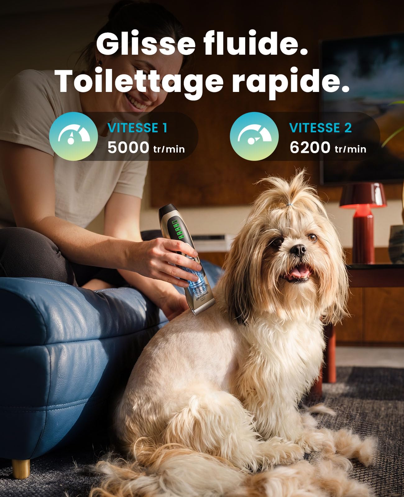 oneisall Tondeuse silencieuse pour chiens, batterie 2000mAh, autonomie 4h, pour chats et chiens à poil épais, rasoir pour poils longs (doré)