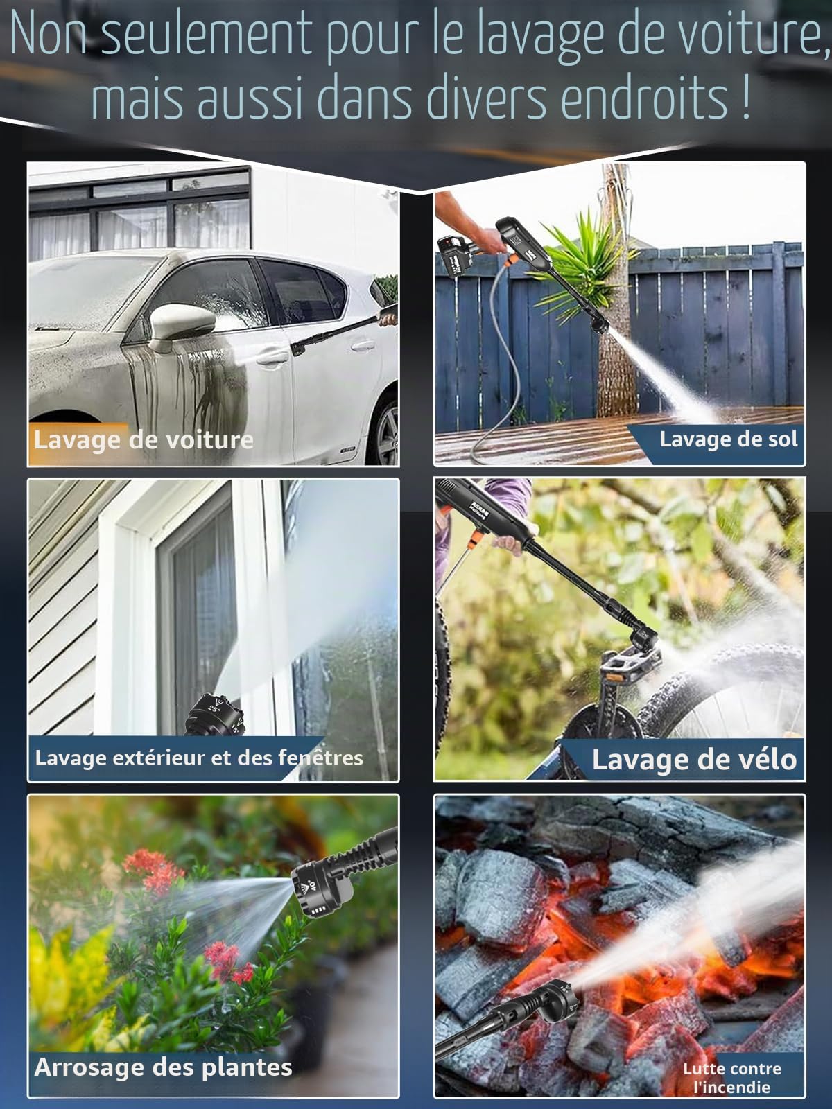 Nettoyeur haute pression sans fil portable – Lot de 2 batteries 1200 PSI 336 l/h – Nettoyeur haute pression sans fil à piles avec buse 6 en 1, canon à mousse réglable pour voiture et jardin