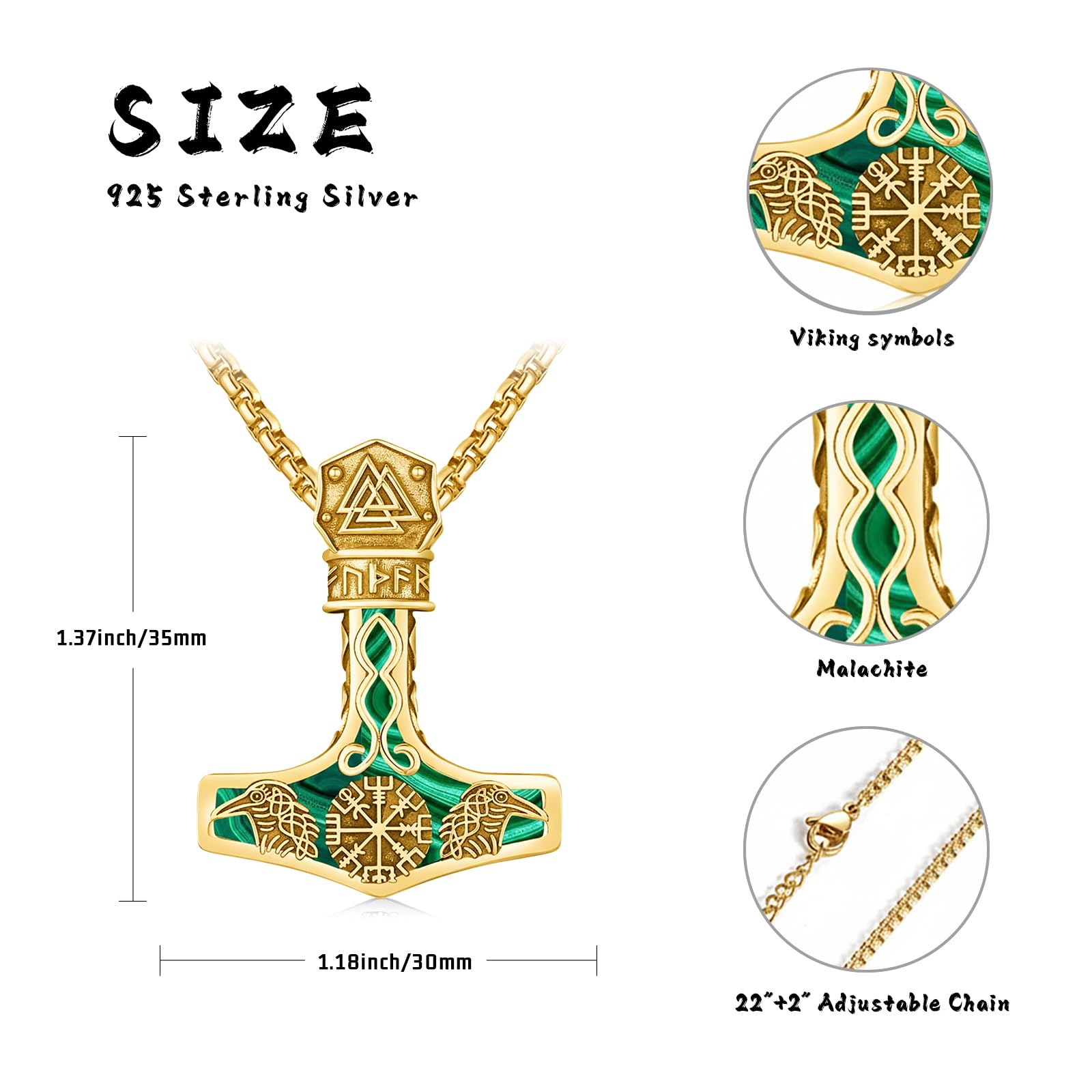 Mjölnir - Collana in argento Sterling placcato oro 14 carati, malachite, bussola vichinga, ciondolo a forma di martello di Odino, catena con rune nordica, Vegvisir, gioiello regalo per donne e