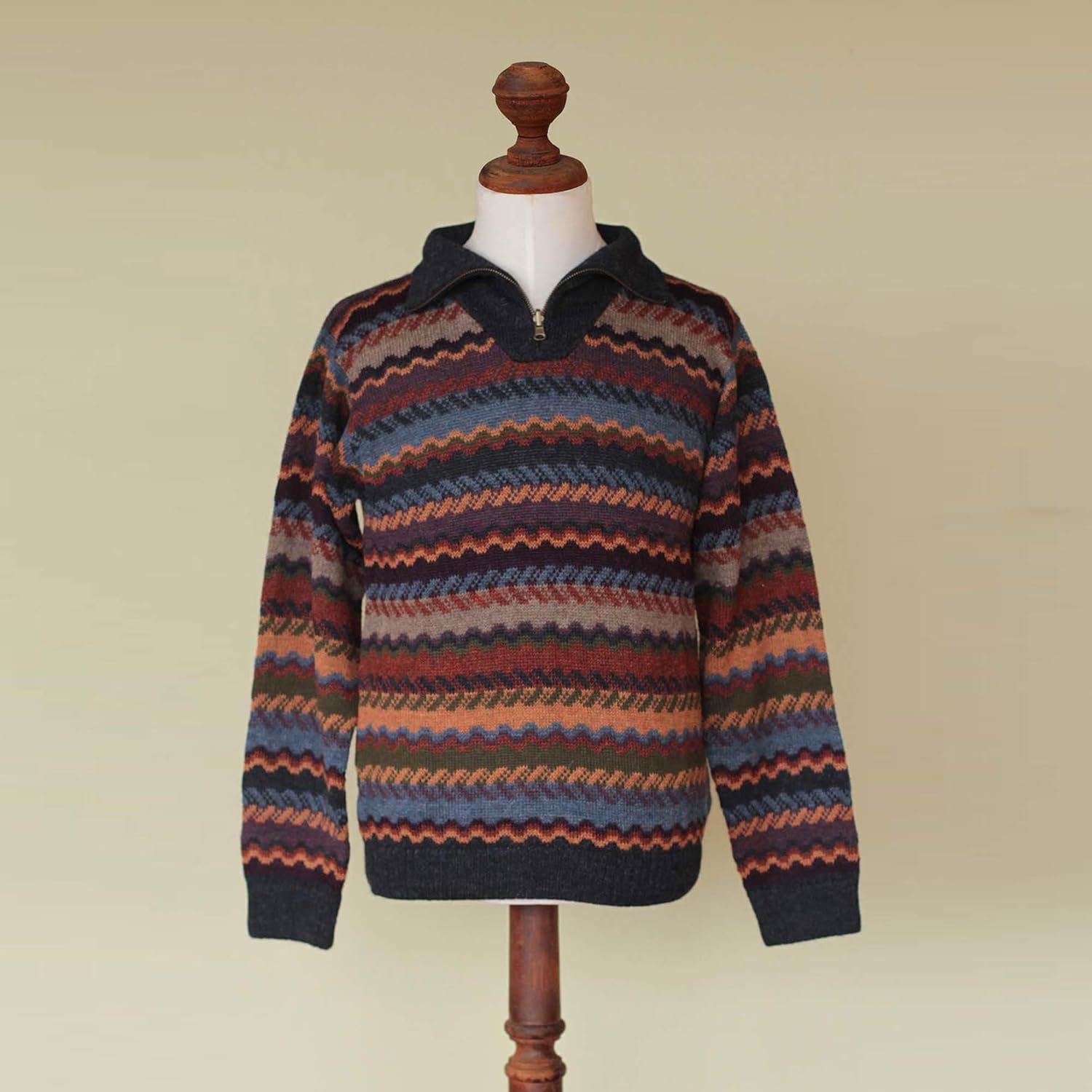 NOVICA Artisan Handmade Men's Alpaca Wool Striped Zip Collar Pullover from Peru, 'Mountain Life'