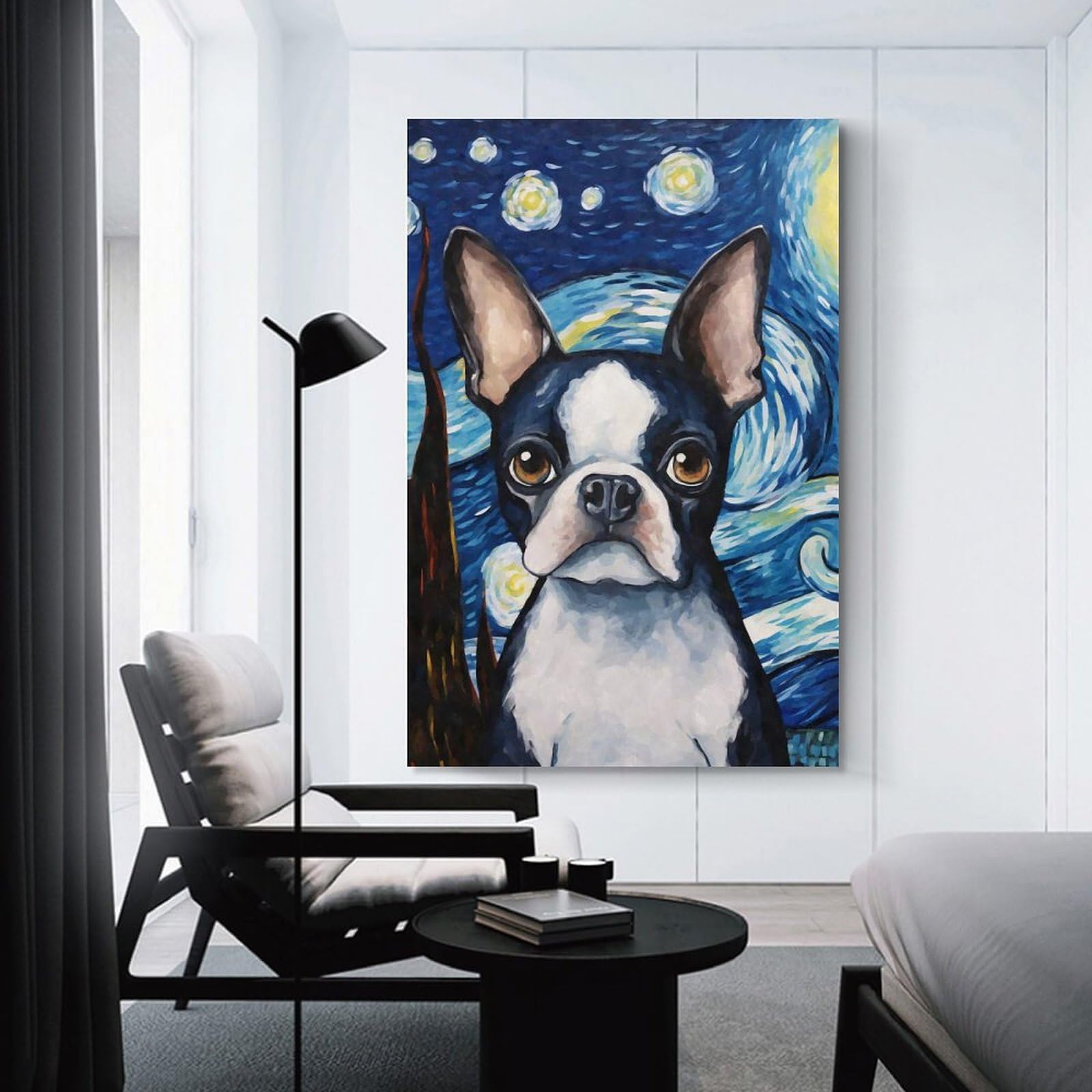 Junmoney Boston Terrier Night Home Decor Wall Art, 24x36inch(60x90cm), for Calm Bedrooms, Home Corners Or Flats, Canvas Wall Decor for Personal Spaces