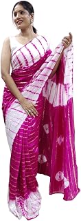 Women's Nylone Hand Printed Saree With Unstitched Blouse Piece (Tie & Die) (Pink)