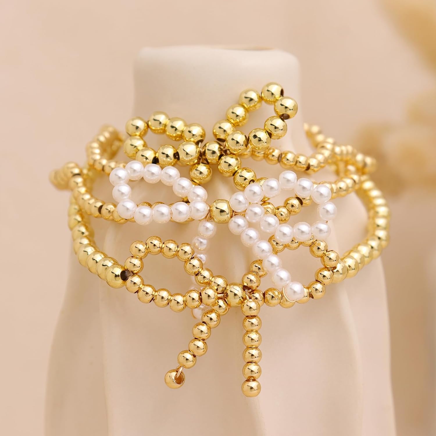 Gold White Bead Bow Bracelets Set for Women, Trendy 3Pcs Boho Handmade Stretchtable Small Beaded Stackable Friendship Bracelet Prom Holiday Outfit Jewelry Gift. - Image 5