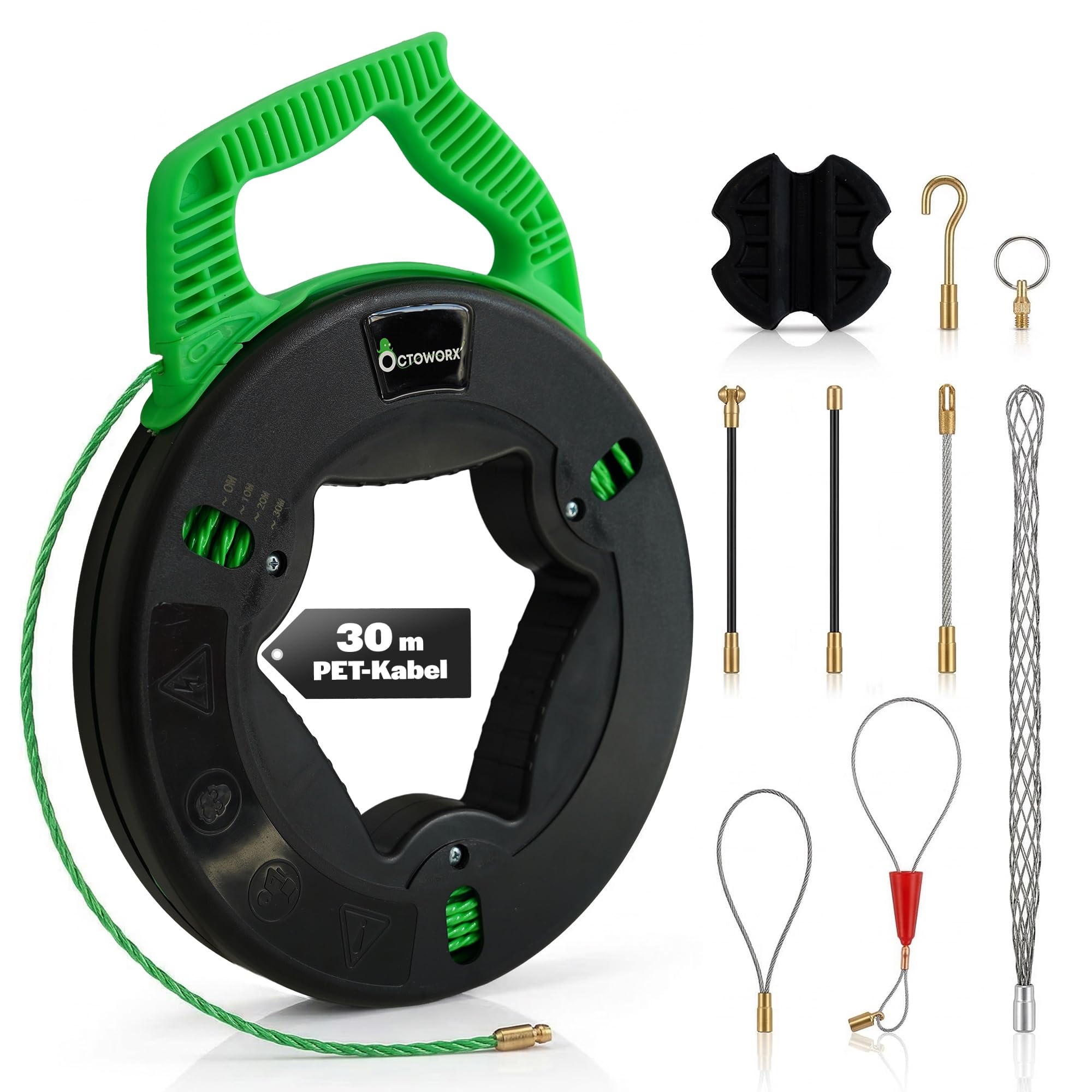 Kabeleinziehhilfe 30m mit Kabelziehgriff & 8 Adaptern | Einziehhilfe für Leerrohre, Elektro & Glasfaser – Zugdraht, Einziehband, Einziehspirale, PET-Kabel Ø4,5mm