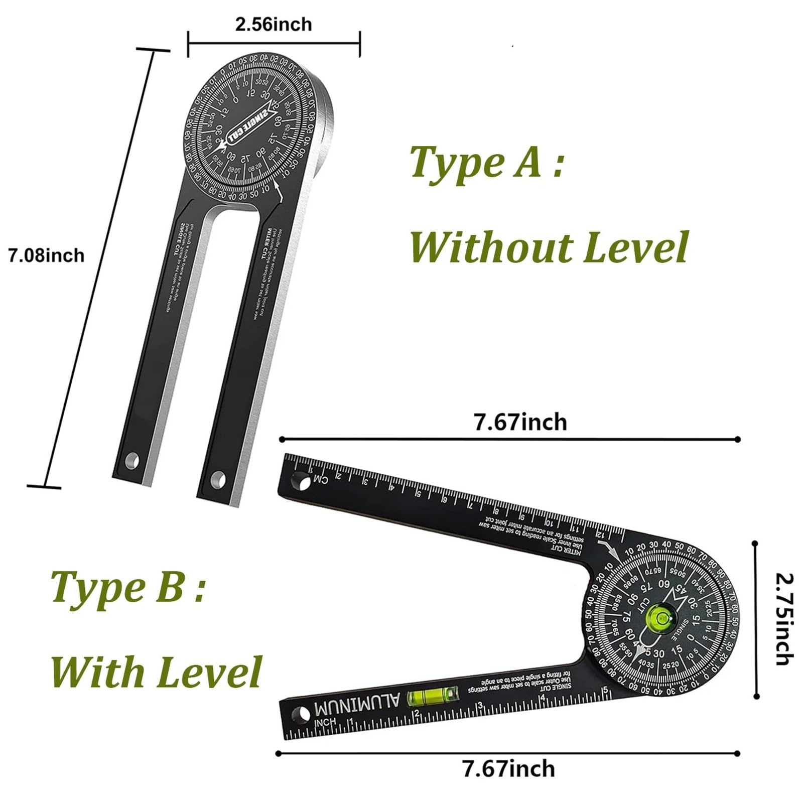 Rapporteur d'angle, Rapporteur de scie à onglet en aluminium, règle d'angle horizontale rotative à 360 °, précision, détecteur d'angle d'onglet intérieur et extérieur(Delayed bubble)
