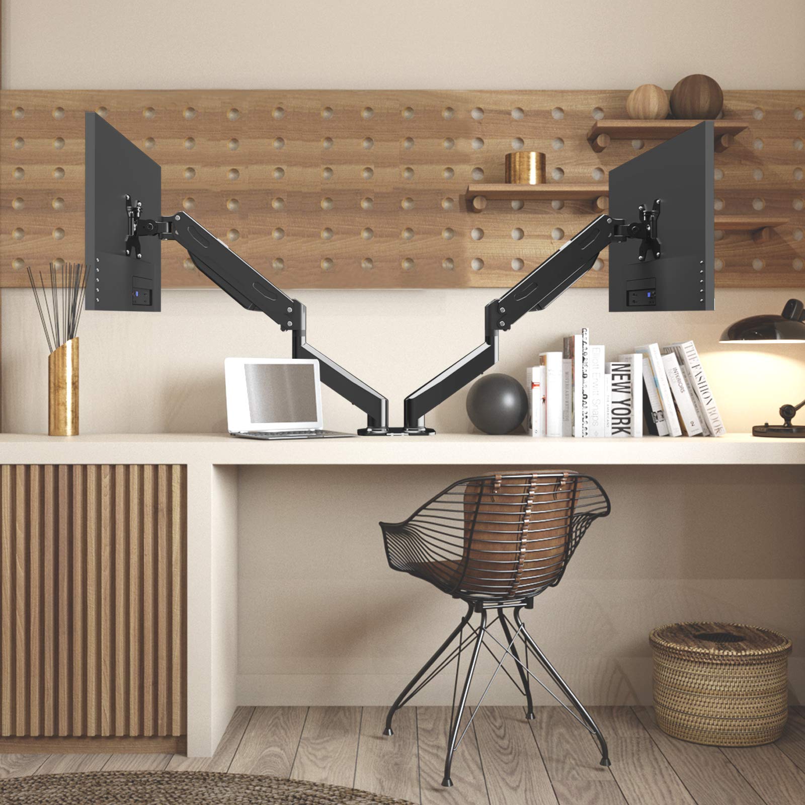 Pholiten Support de Moniteur pour 2 écrans de 17 à 32" - Support de Bureau - VESA 75/100 mm - Hauteur réglable - Inclinable et Rotatif