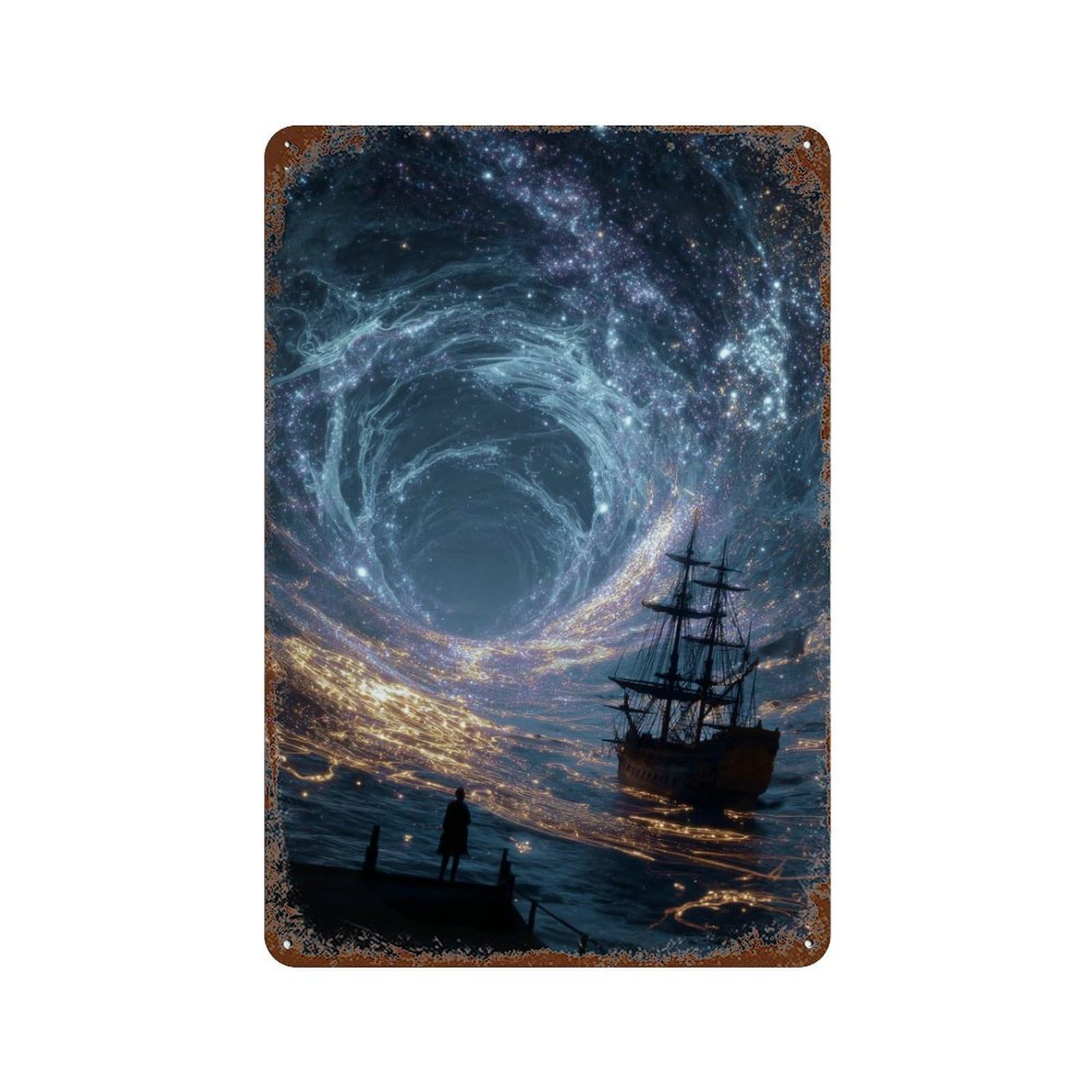 Galactic Voyage Ship in Space -1 Rust Effect Tin Sign 11.8"x7.9", Vintage Wall Decor for Pub, Kitchen And Man Cave Decor