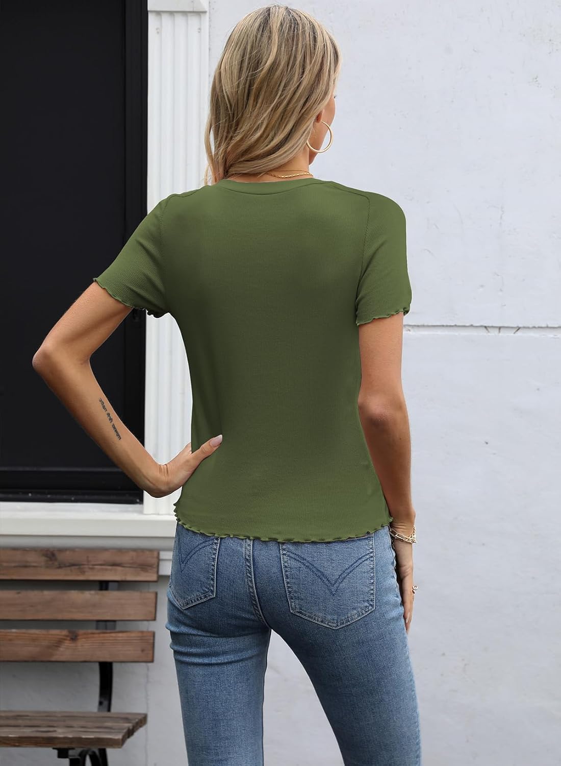 LOLONG Womens Short Sleeve Crew Neck T Shirts Summer Ribbed Knit Fitted Casual Basic Tees Lettuce Trim Tops - Image 4