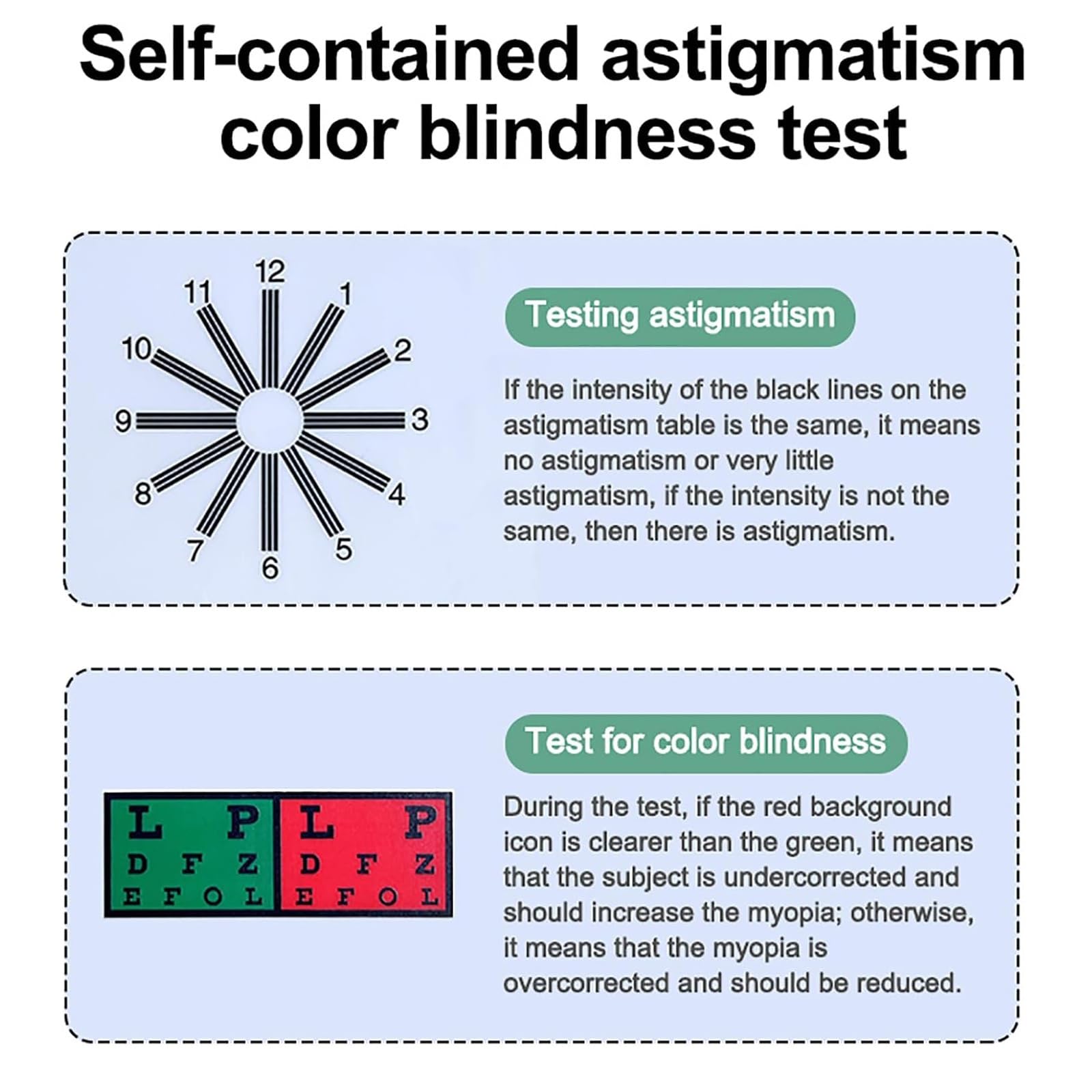 Tabelle per la prova della vista, 5 m, con tacca per rosso e verde e tacca per astigmatismo, per scuole, cliniche, famiglie, negozi di ottica