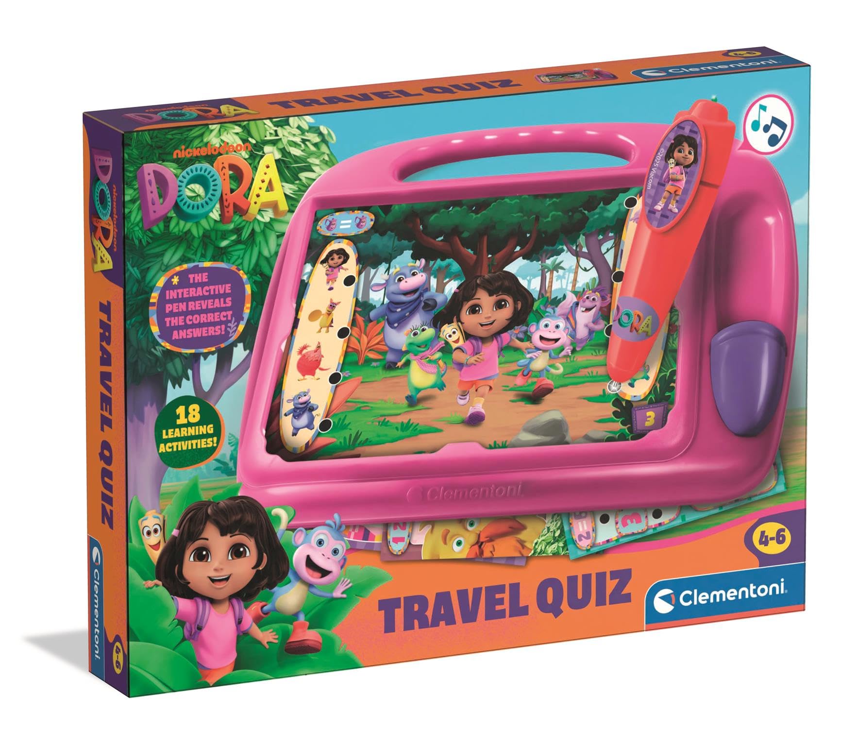 Clementoni Dora The Explorer - Travel Quiz Game With Electronic Pen, Includes 9 Cards and 18 Educational Activities for Kids Age 3+