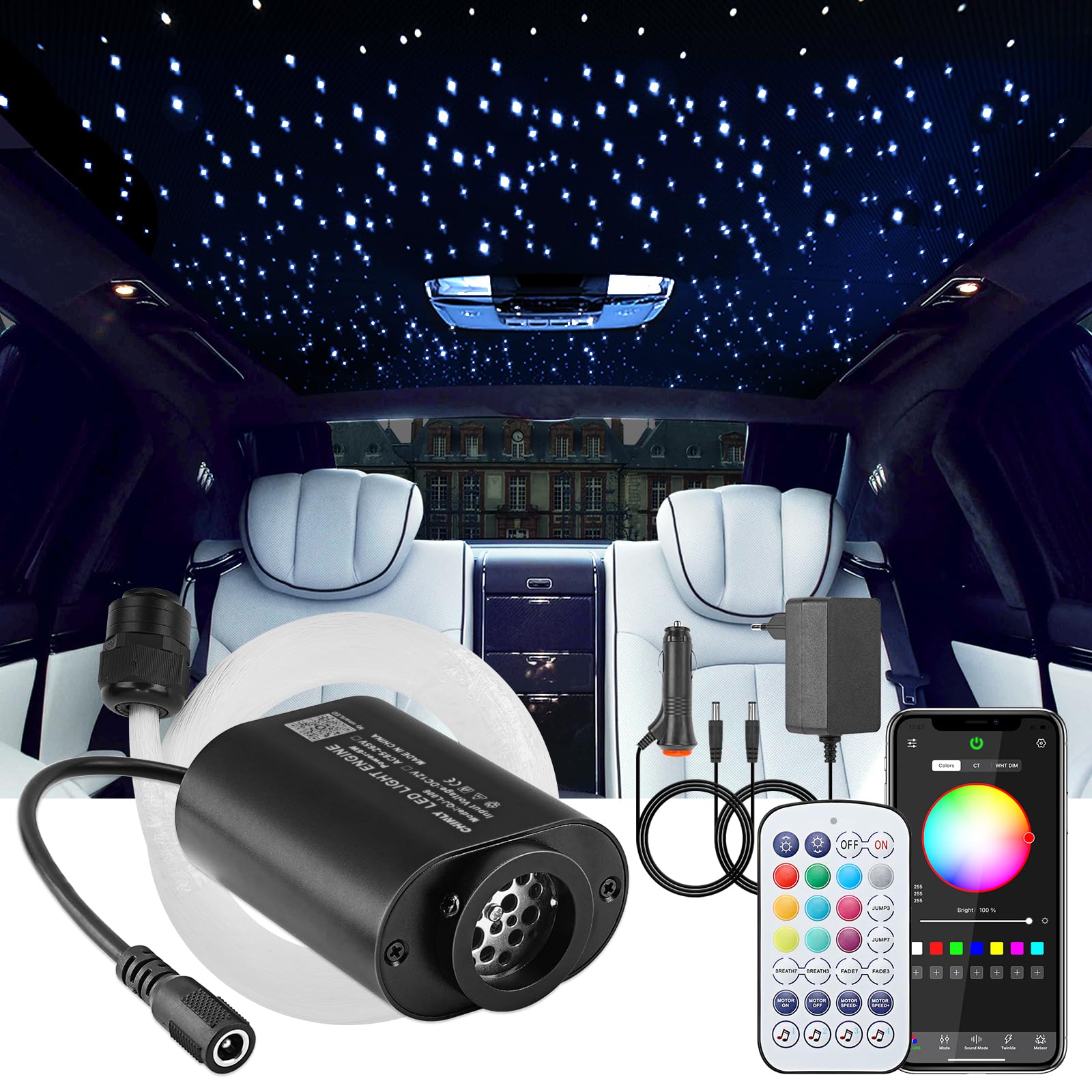 CHINLY 6W Twinkle Sternenhimmel Auto Glasfaser Licht, RGBW Bluetooth APP Fernbedienung, Musikaktivierung, 550pcs*0.75mm*3m Glasfaser-Deckenleuchten Kit für Auto/Decke/Kino/Zuhause