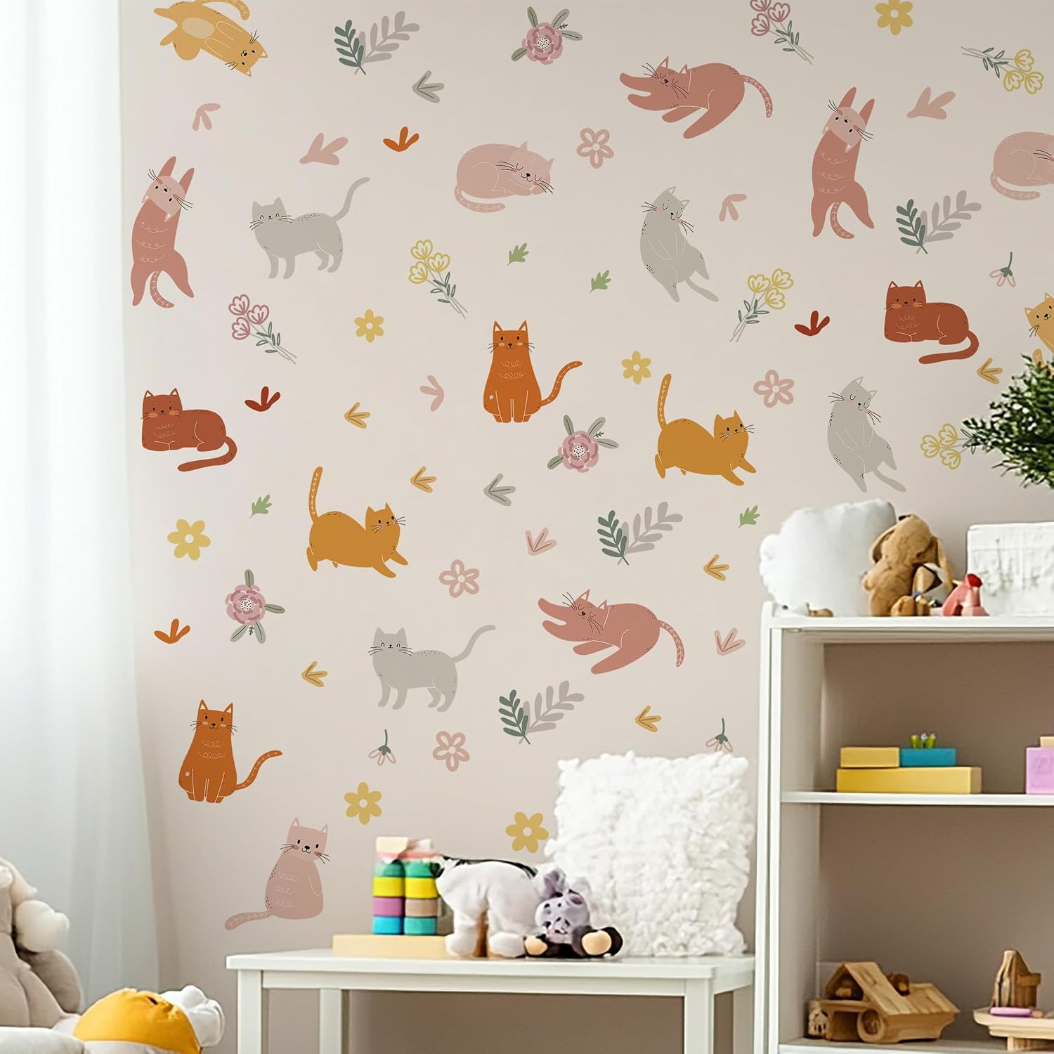Cat Wall Decals - Boys and Girls Nursery Decor, Colorful Pet Cat Flower Floral Wall Decal,Removable Vinyl Art Murals for Living Room Baby Rooms Bedroom Toilet House DIY Decoration