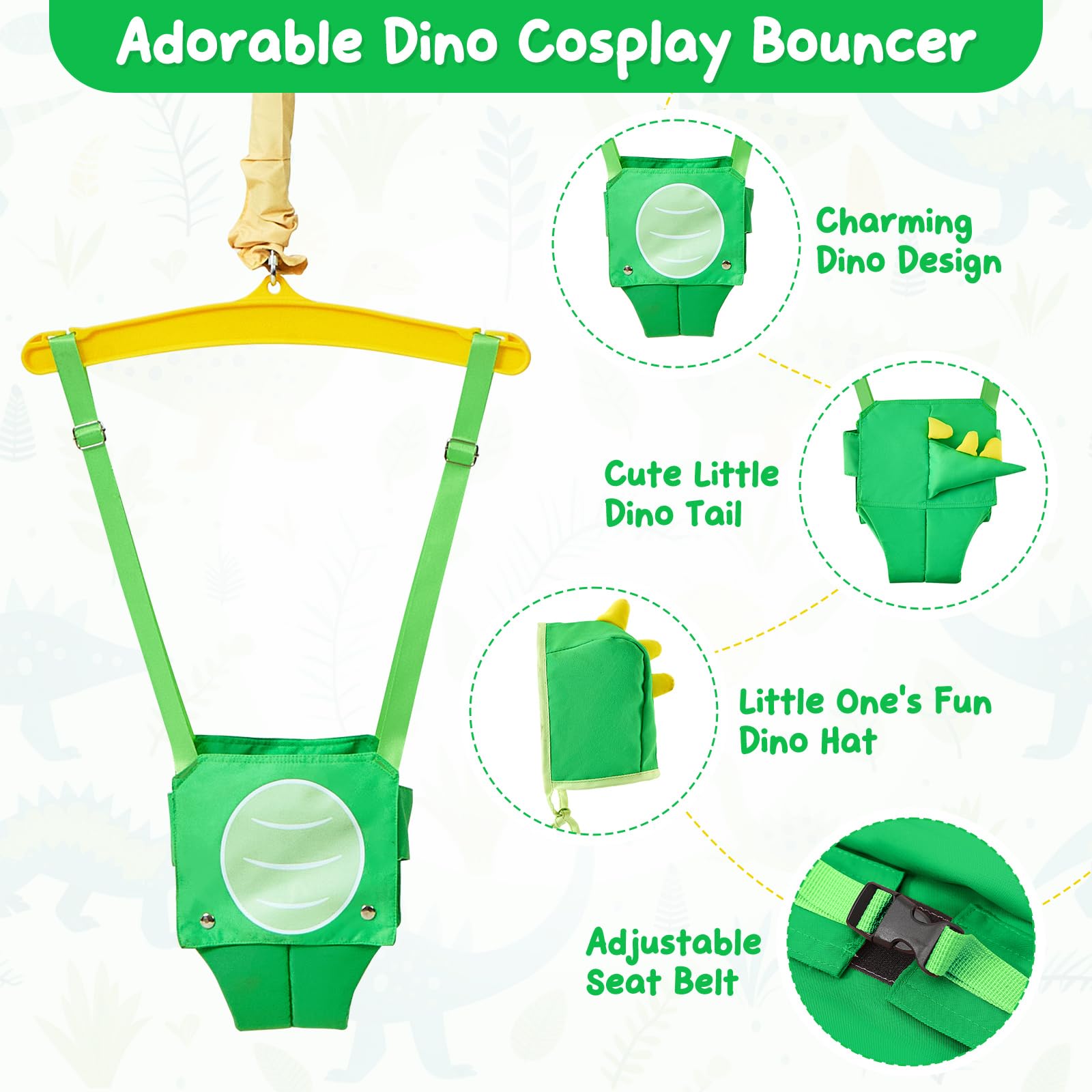 FUNLIO Baby Jumper avec crochet de plafond pour 6–24 mois, sauteur de porte pour intérieur/extérieur, chaîne réglable, facile à installer et à ranger (avec crochet de plafond) – Dinosaure Vert