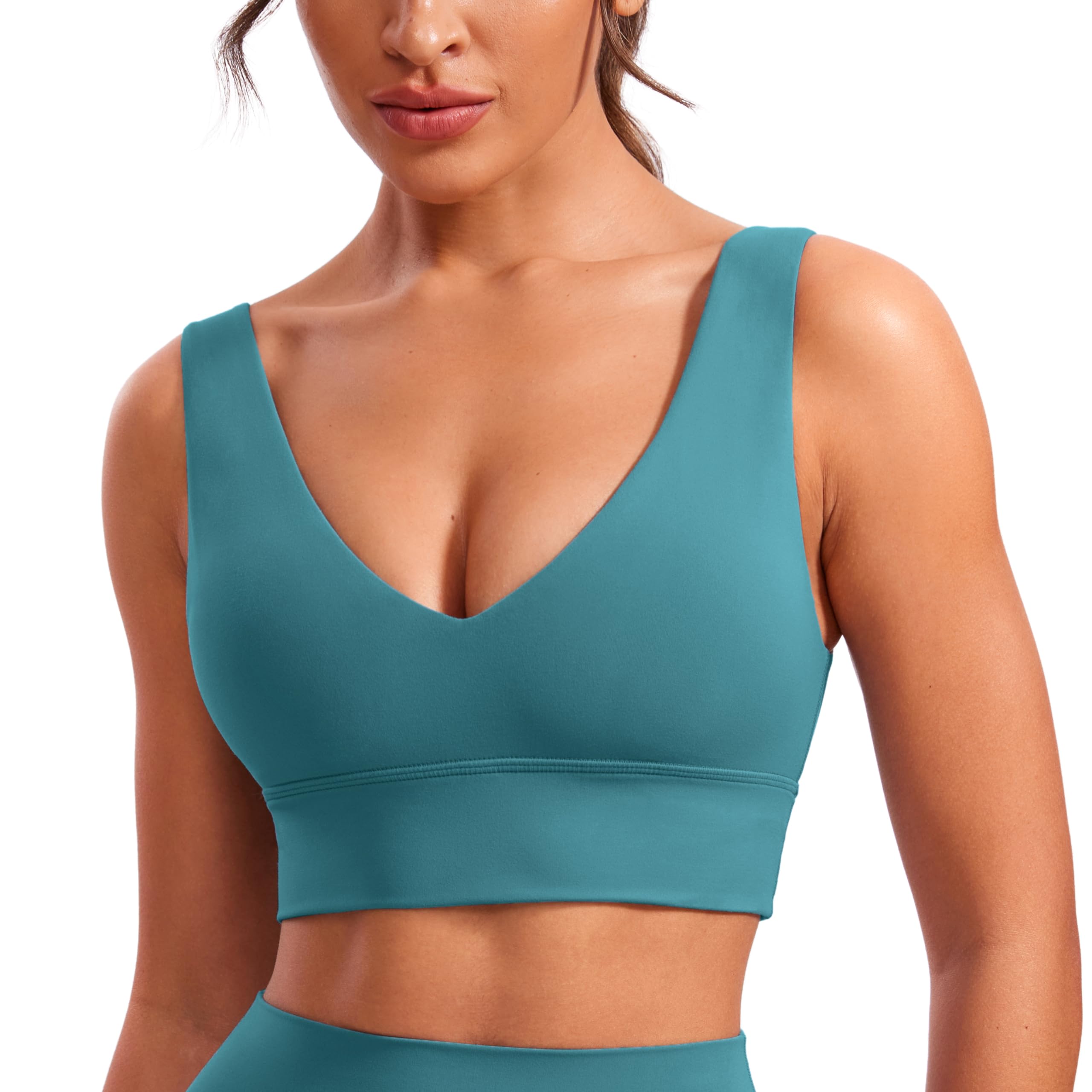 CRZ YOGA Butterluxe Womens V-Neck Longline Sports Bra - Wireless U-Shaped Open Back Yoga Low Impact Padded Crop Top