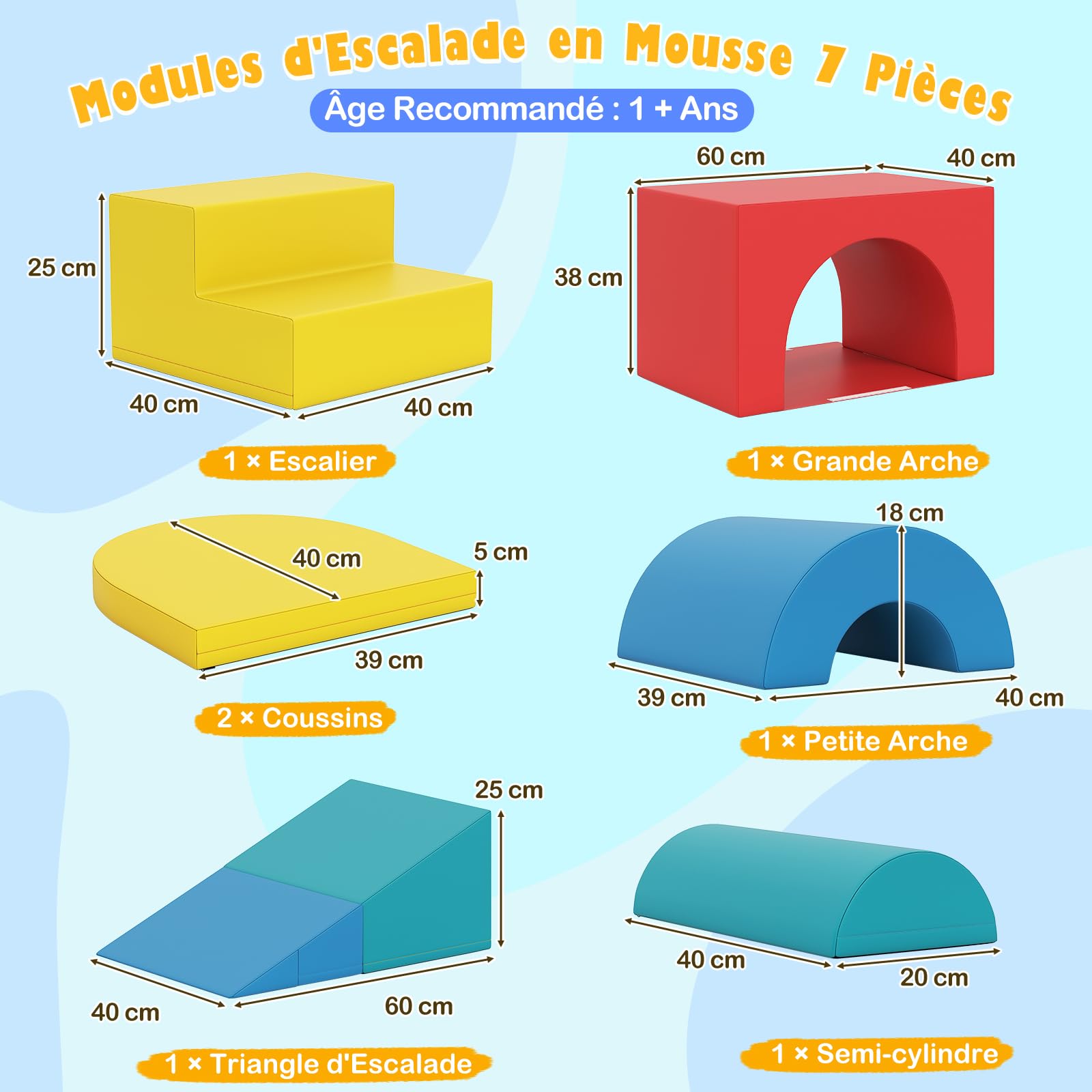 COSTWAY 7 PCS Module Motricité Bébé avec Toboggan & Escalier, Parcours Motricité Bébé en Mousse avec Housse en PU & Bandes Agrippantes, Jouets Éducatifs pour Enfants d'Âge Préscolaire (Rouge)
