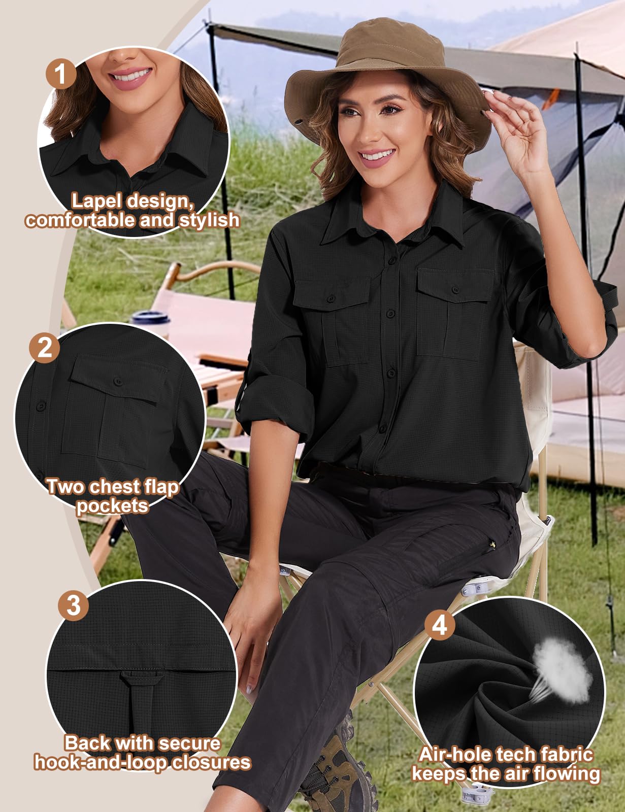 Tuopuda Blusa de Manga Larga para Mujer con Cuello en V Suelta Camisa de Secado Rápido con Bolsillos,UPF 50+Protección UV Informal Top Deportivo para Safari,Camping,Viajes
