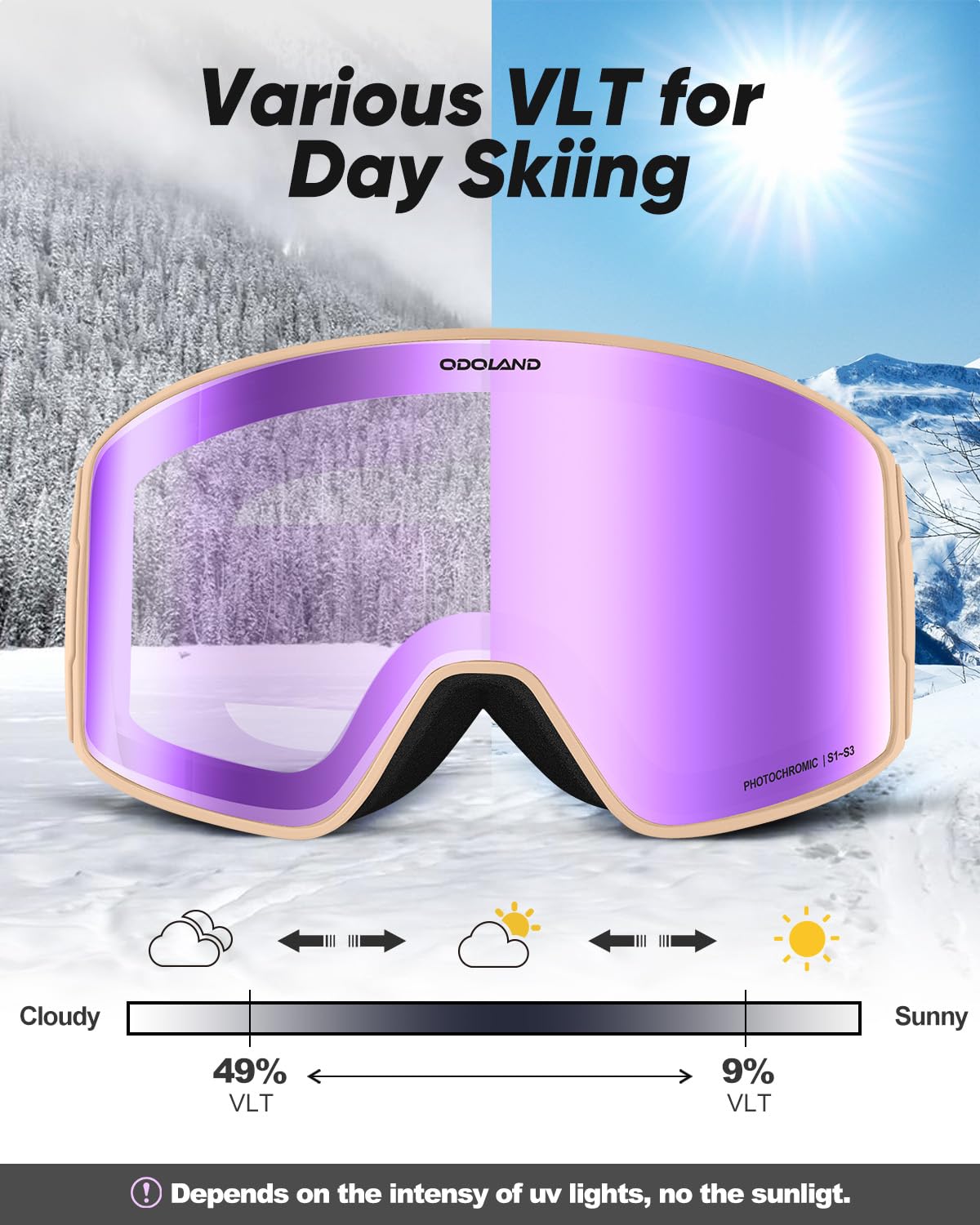 Odoland Occhiali da Sci Fotocromatici per Giornate Soleggiate e Nuvolose Maschera da Snowboard Cilindrici Antiappannamento Protezione UV400 Occhiali da Sci e Snowboard per Adulti Ragazzi Uomo Donna