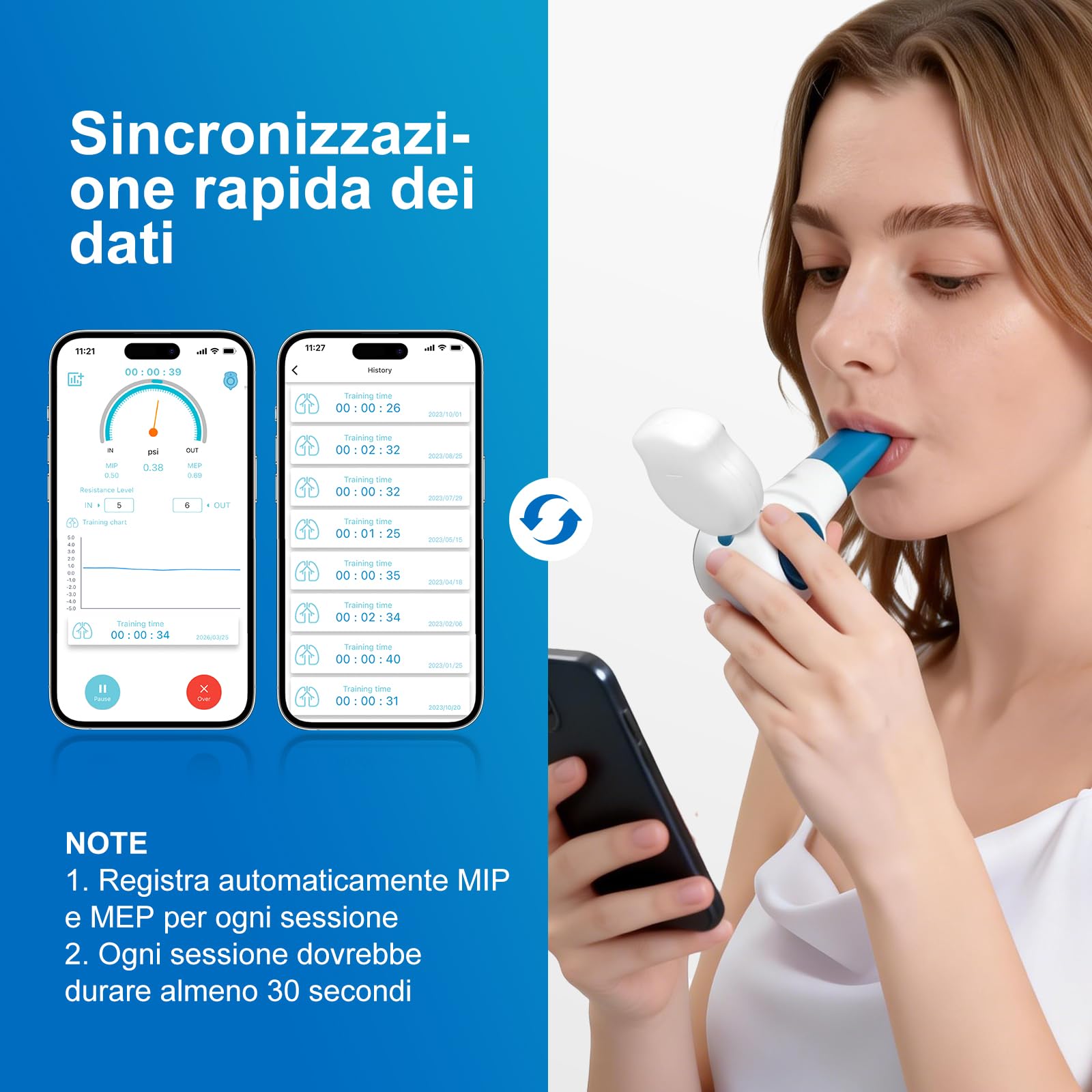 Allenatore polmonare con app, respiratore per polmoni con manometro elettrico e boccaglio di prova e custodia da viaggio | Attrezzo per l'allenamento polmonare migliore | 6 livelli di resistenza | App