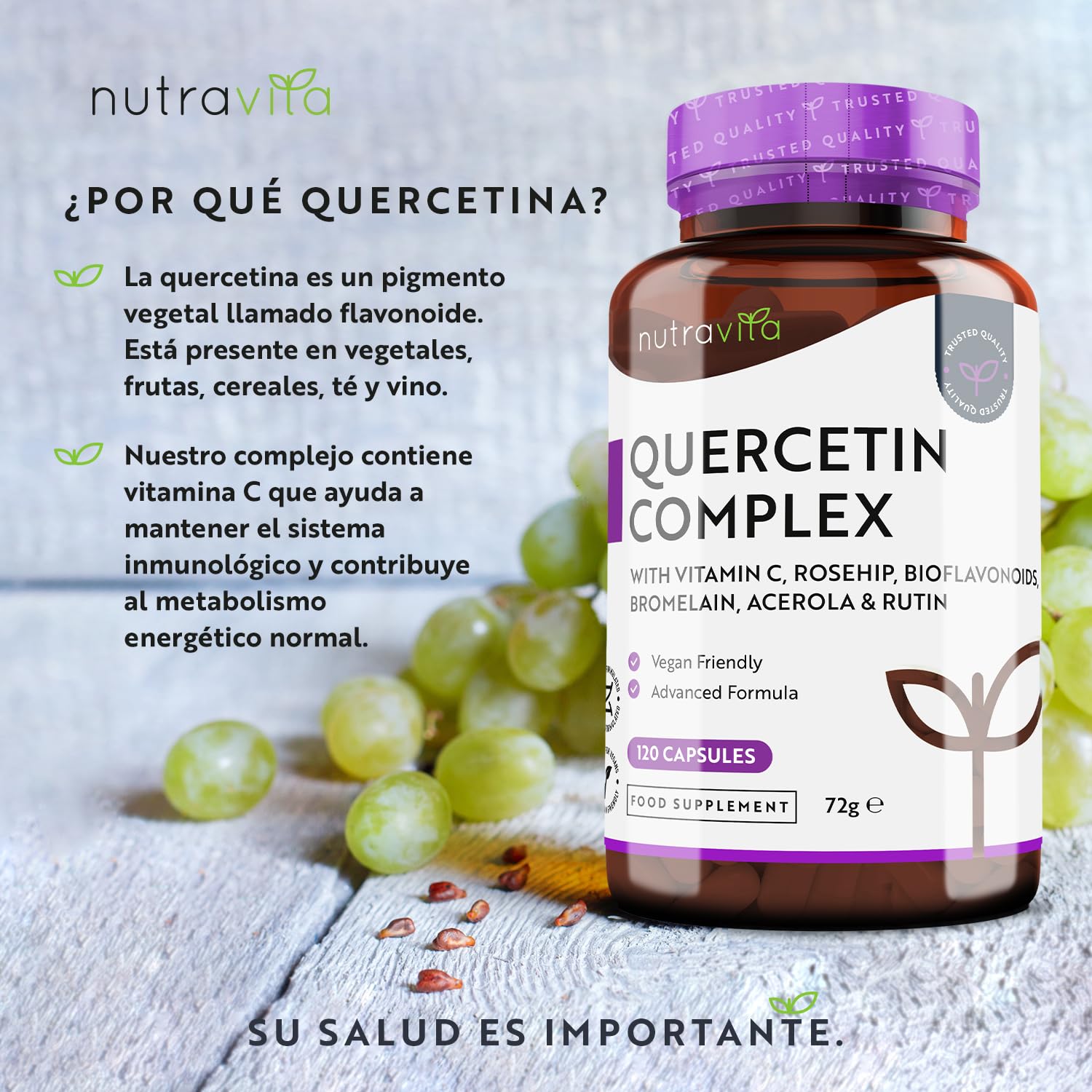 Quercetina 500 Mg Con Bromelina Y Vitamina C - 120 Cápsulas Veganas - Para Apoyo Inmunológico - Mezclado Con Rosa Mosqueta, Bioflavonoides, Acerola Y Rutina
