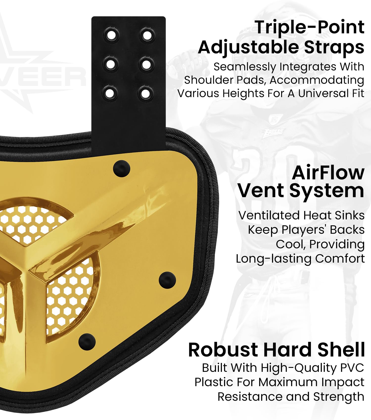 Penveer Chrome Football Backplate for Shoulder Pads with High Impact Padding, Adult & Youth Lower Backplate Football with Air Vents (Gold, Youth)