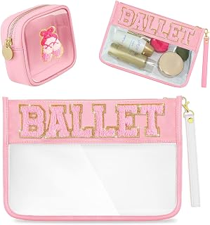 2 Pcs Chenille Letter Bag,Clear Toiletry Bag,Clear Beach Purse,Portable Travel Makeup Pouch with Zipper, PVC Cosmetic for Airport Airline Compliant