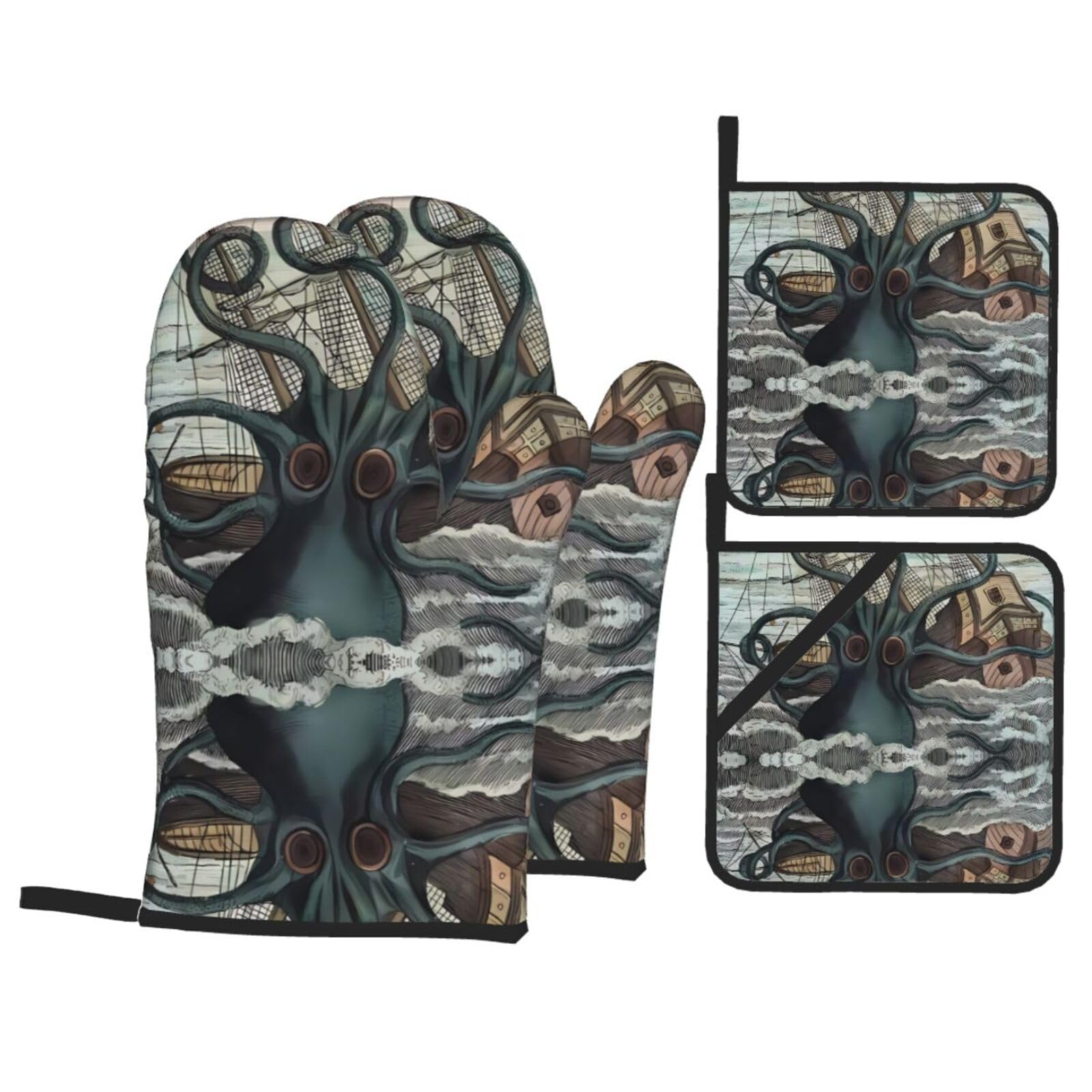 HJFCZH Octopus and boat Prints Kitchen Covers: Waterproof Oven Layers for Safe Cooking & Easy Cleanup - 4 Piece Heat Protection Set