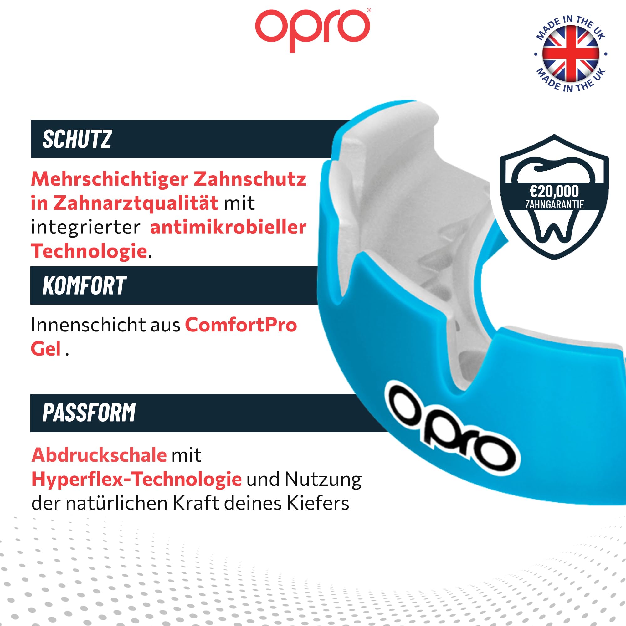 OPRO Mundschutz für feste Zahnspangen mit Sofort-Passform – Zahnschutz für Boxen, Kampfsport, MMA, Hockey & Rugby – Für Erwachsene & Kinder Alter 10+ – Einfach anzupassen – Mit zahnärztlicher Garantie