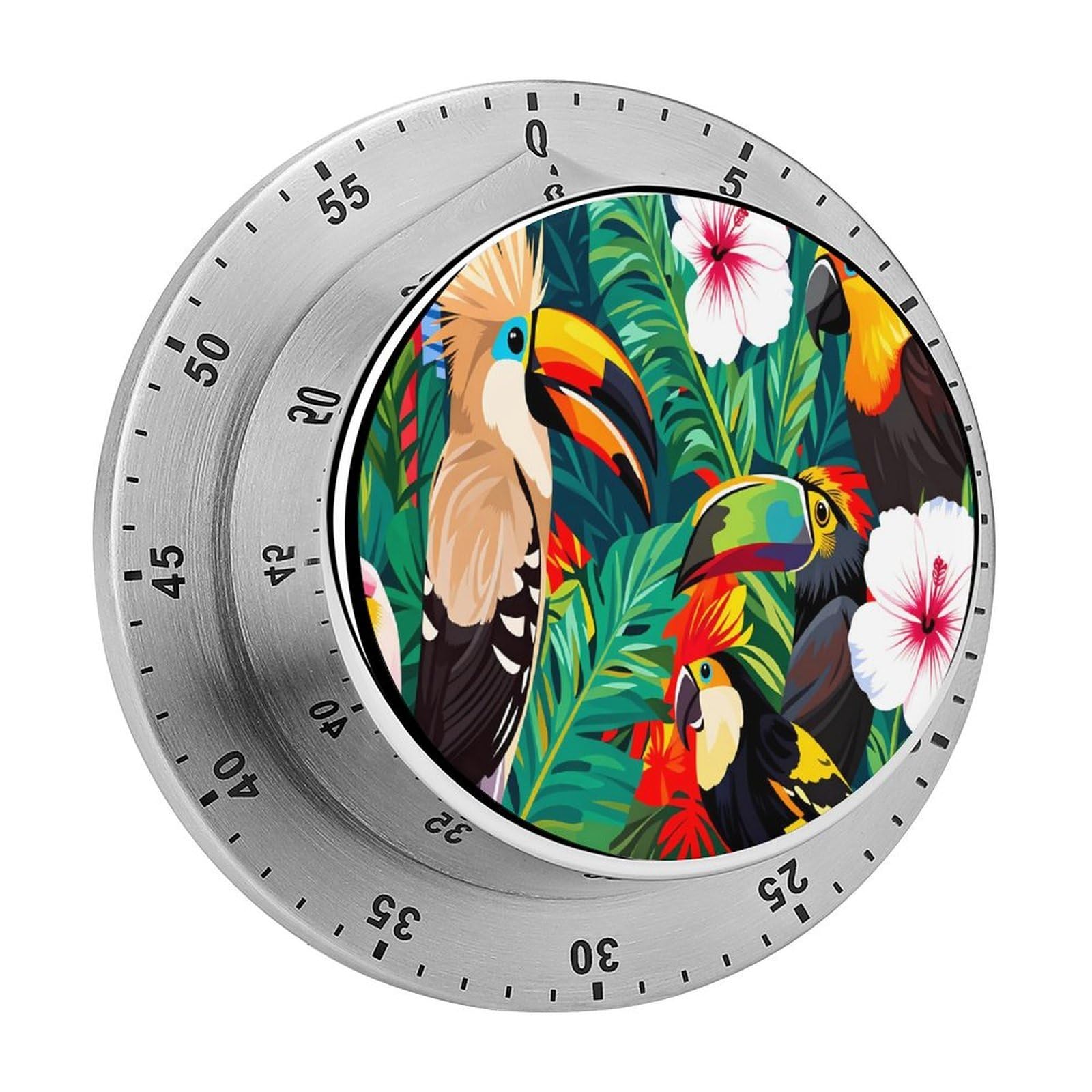 Tropical Bird Toucanand Hibiscus Flowers 60 Minute Wind Up Timer,Visual Mechanical Magnetic Timer with Loud Alarm for Kitchen