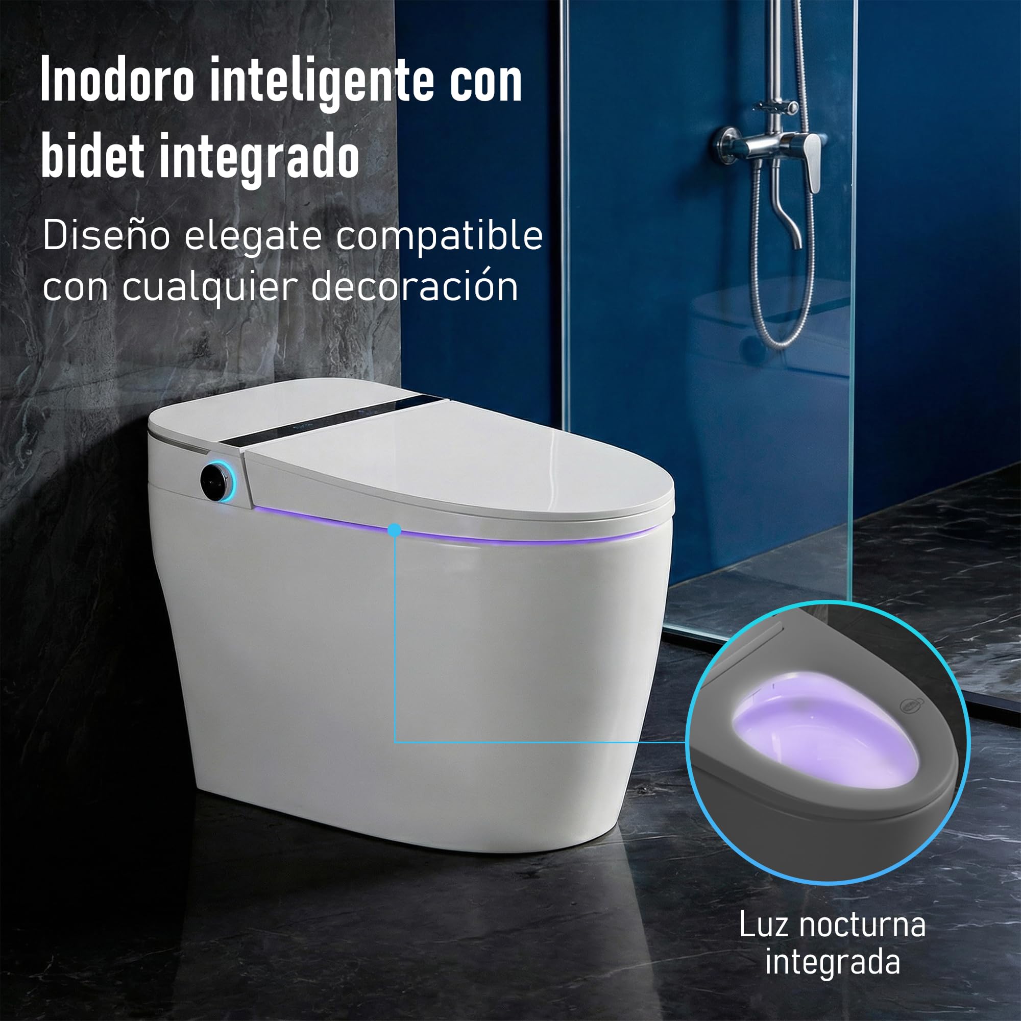 Inodoro Inteligente Estilo Japonés | 680x390x490 mm | WC con Bidet Integrado, Asiento Calefactable, Agua Caliente y Secado, Sensor, Control Remoto y Tapa Automática, Sin Depósito (Blanco | 1C)
