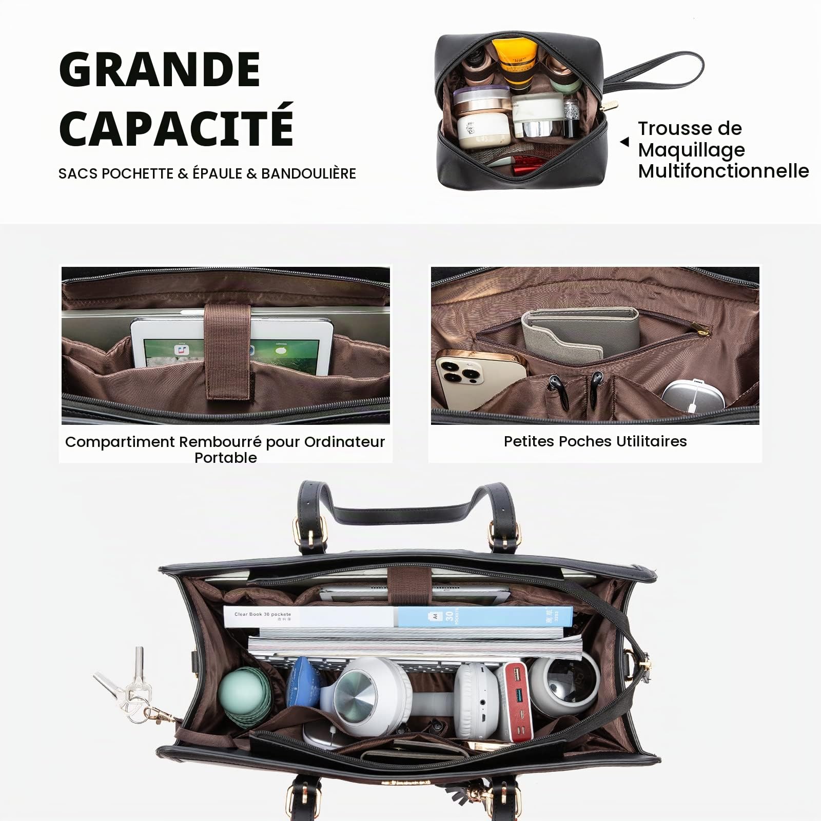 LOVEVOOK Sac a Main Femme, Sacs pour Ordinateur Portable 15,6-17,3 Pouces, Grand Sac Cabas Femme Bandoulière, PU Cuir Tote Bag Imperméable Sac de Cours & de Travail pour Bureau Université Voyage