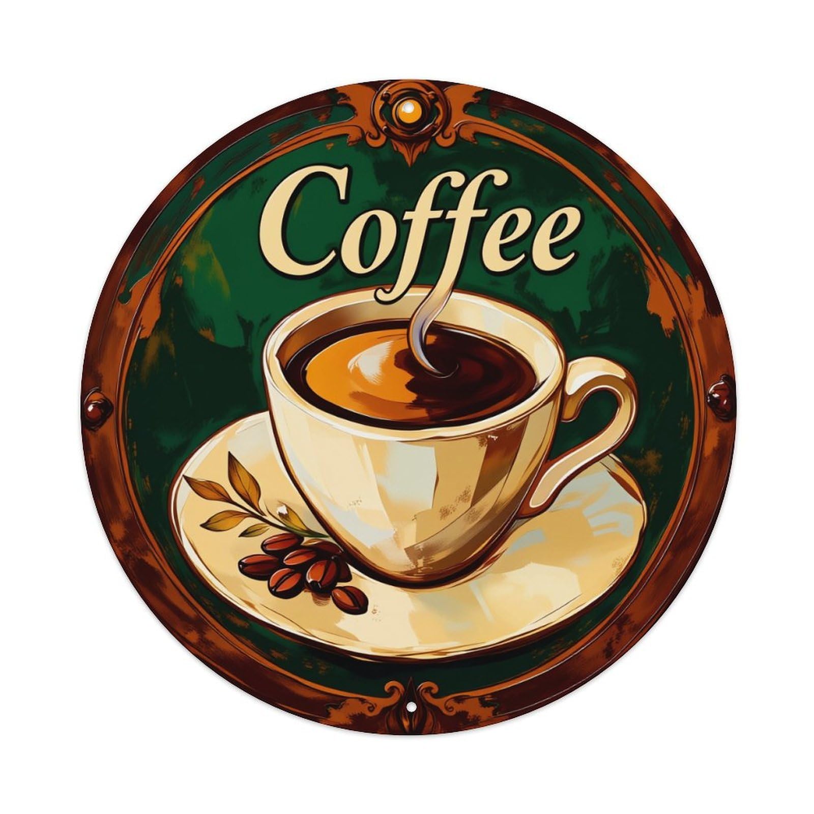 Coffee Cup Saucer Beans Leaf Round Tin Sign Vintage Metal Poster, Home Bar Garage Man Cave Cafe Indoor & Outdoor Wall Decoration 8x8Inches